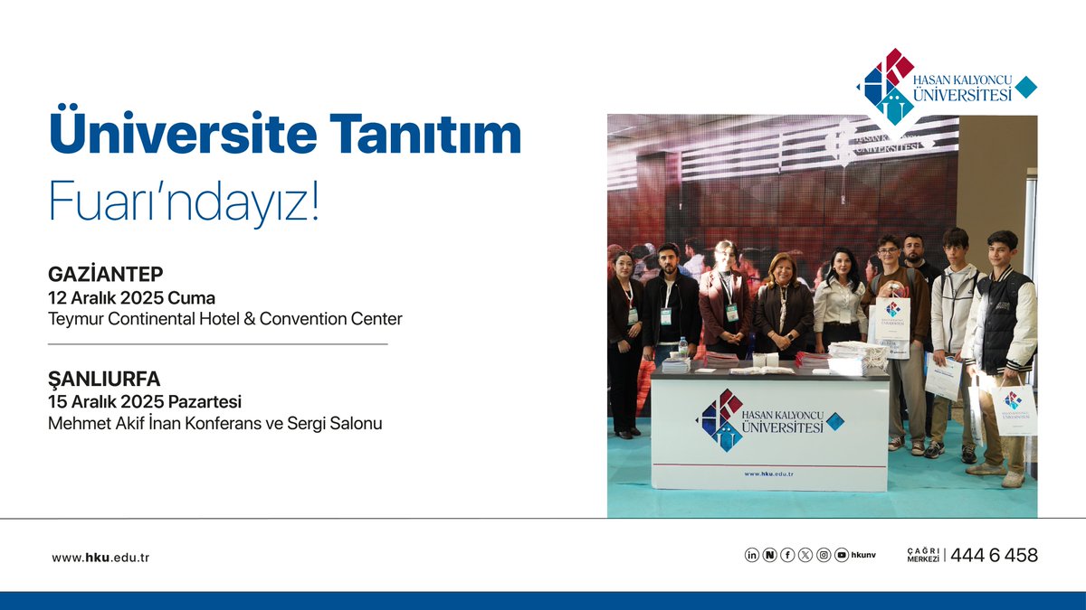 Tanıtım Fuarlarında uzman akademisyen kadromuz, üniversite adayı öğrencilerimizle bir araya gelerek tüm sorularını yanıtlıyor! 🎓✨

🗓️ 12 Aralık Cuma günü 
📍 Gaziantep / Teymur Continental Hotel &amp; Convention Center

🗓️ 15 Aralık Pazartesi günü
📍 Şanlıurfa / Mehmet Akif İnan