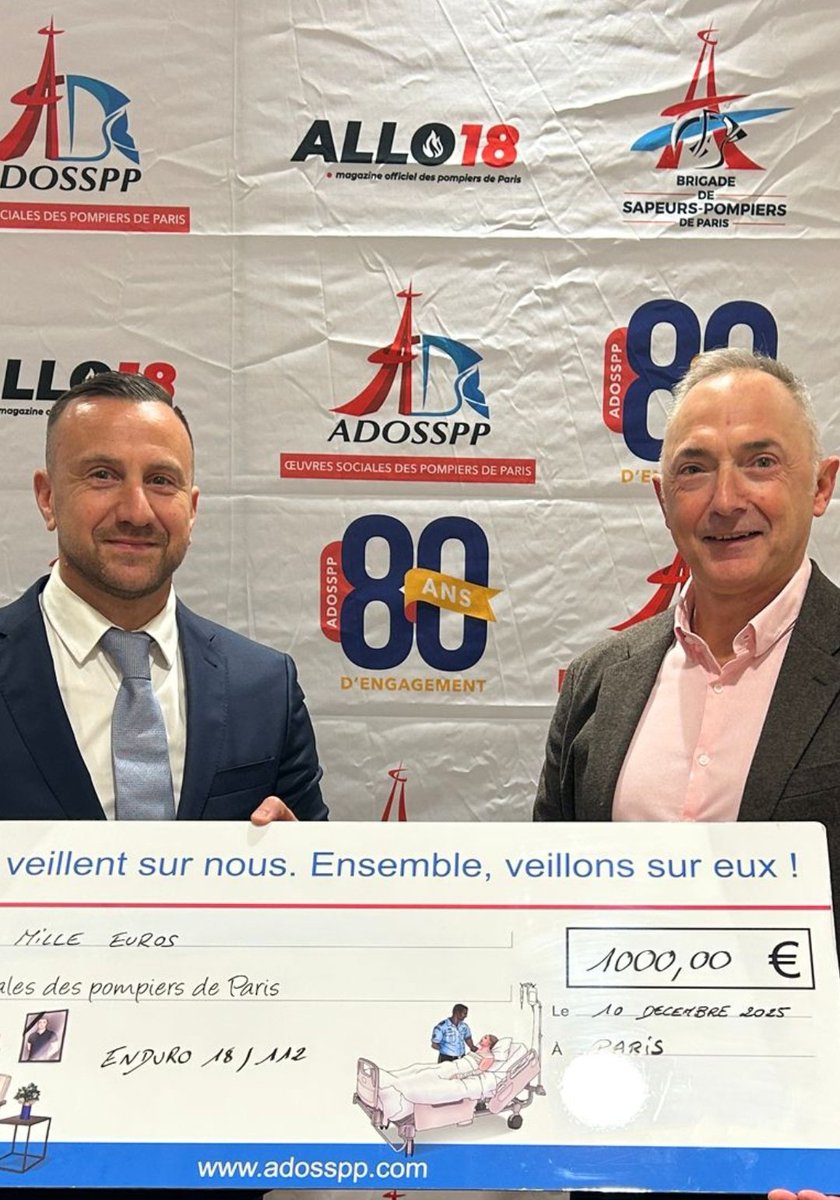 Remise d'un chèque de 1000 euros au colonel Varennes, président de l' <a href="/ADOSSPP/">Œuvres sociales des pompiers de Paris</a> , en ma qualité de président d'association mais aussi réserviste à  <a href="/PompiersParis/">PompiersParis</a> et plus particulièrement à <a href="/VincennesVille/">Vincennes ma ville 🇨🇵🏰</a> 

<a href="/OdpPompiers/">ODP Sapeurs-Pompiers de France</a> <a href="/EBrocardi/">Porte-parole des sapeurs-pompiers de France</a> <a href="/BoslandJP/">Jean-Paul Bosland</a> <a href="/GregoryAllione/">Grégory Allione</a> <a href="/StephaneMillot/">Millot Stéphane</a>