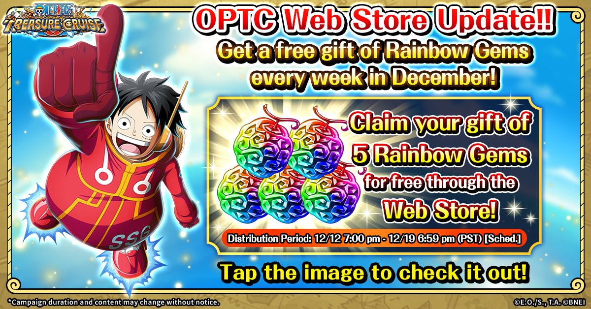 ONE_PIECE_TC's tweet photo. ✨ OPTC Web Store Update ✨

Grab 5 Rainbow Gems for free now!
During the month of December, the free Gems will refresh every week!

Check it out now 👇
https://t.co/u3v7xO2FbU

#ONEPIECE #OPTC