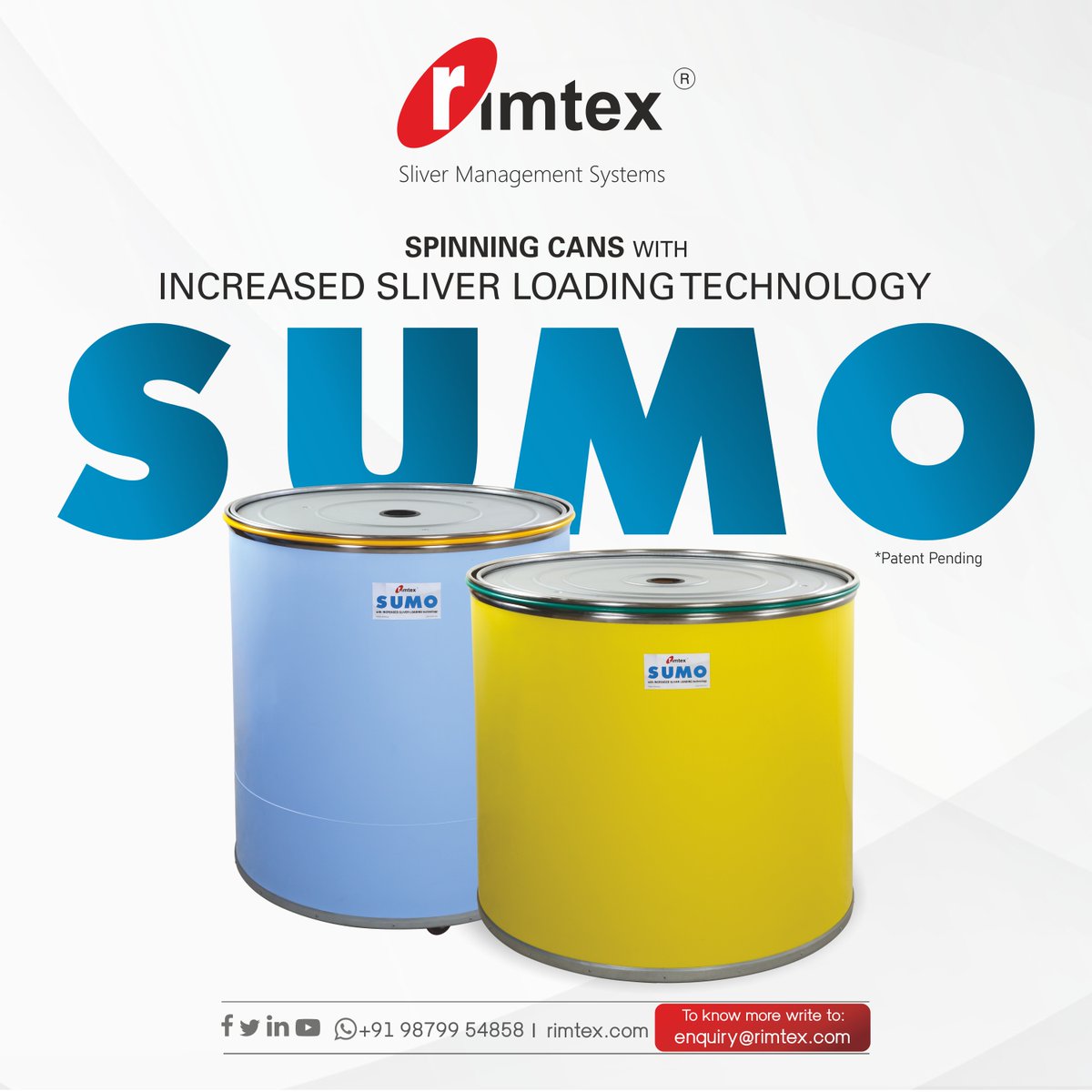 RimtexIndia's tweet photo. The Can with More - SUMO spinning cans by Rimtex!
Increased Sliver Loading, Higher Yield, Higher Output, Higher Returns, More Profits!
If you too want MORE, connect with us on: enquiry@rimtex.com
Visit us on https://t.co/l8pZCIUs87

#rimtexindustries #HeretoTransform #slivercans https://t.co/X290giyHyy