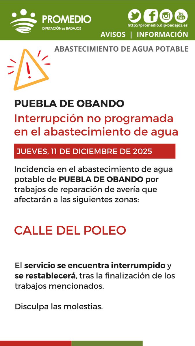 🚧 AVISO > PUEBLA DE OBANDO
🚱Interrupción no programada del abastecimiento de agua por obras de reparación de avería en la acometida general
#ATuServicio
<a href="/AytoPdeObando/">Ayto.PueblaDeObando</a>