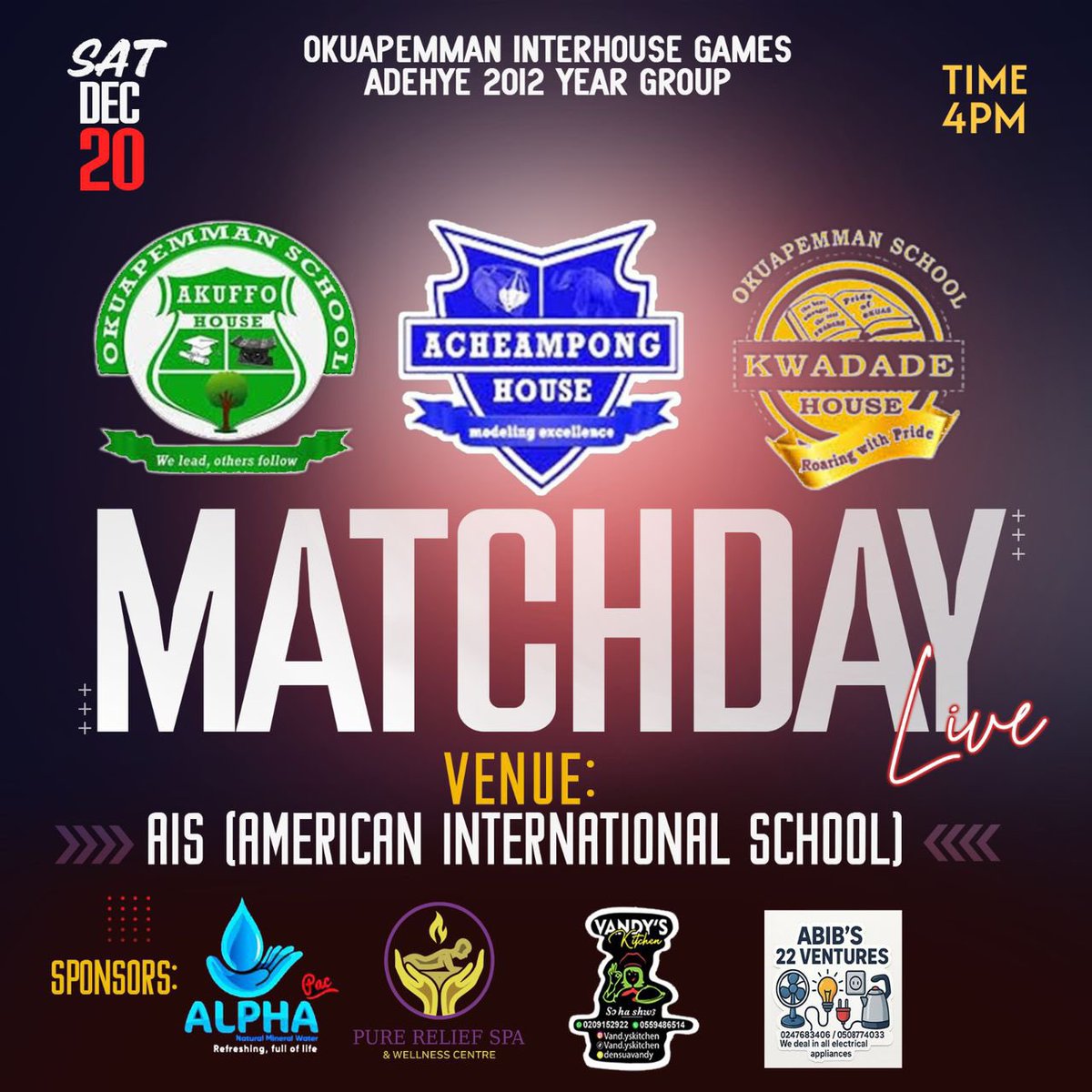 Okuapemman School, fellow Adehye!! It’s that time of the year again. Last year (maiden edition) was awesome! This year is BIGGER 💥!! 
Let’s meet and have fun again. I personally promise Kwadade House a hatrick! 
<a href="/gyaigyimii/">KALYJAY</a> <a href="/_adjoatee/">Adjoa Tee🌸</a> <a href="/BouyJay/">NaNa Asirifi 🇬🇭🇬🇭</a> <a href="/caladeboi/">Jeffrey X-calade</a> <a href="/kojo_XO/">xo.</a> <a href="/A_BRAMS_/">Ab</a>