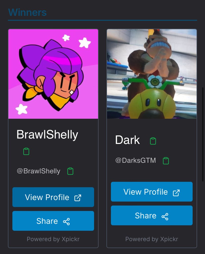 Two people didn’t message within the timeframe, here are the two new winners🫡 

<a href="/BrawlShelly/">BrawlShelly</a> 
<a href="/DarksGTM/">Dark</a> 

Same thing applies, make sure to message me within 48 hours 🤝 once added it will be 24 hours till I can send!