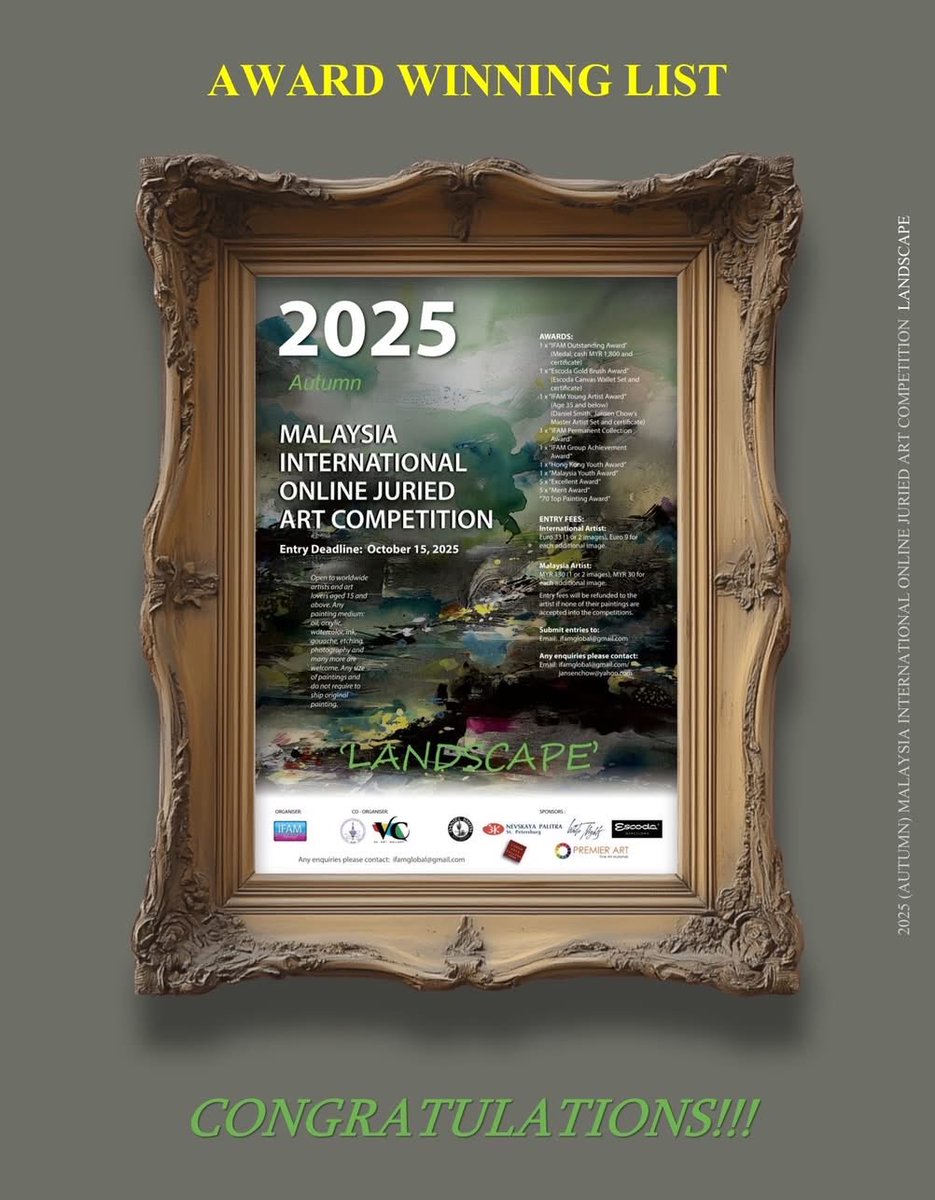 chihiropierce's tweet photo. マレーシア国際アートコンペティションのランドスケープ部門で Top 70 Award に選出されました。
審査員の皆さま、そして温かくサポートしてくださった Jansen 氏に心より感謝します。
本当にありがとうございました

#国際アートコンペ #水彩画 #ダニエルスミス透明水彩 https://t.co/GOlZ0OVKtg