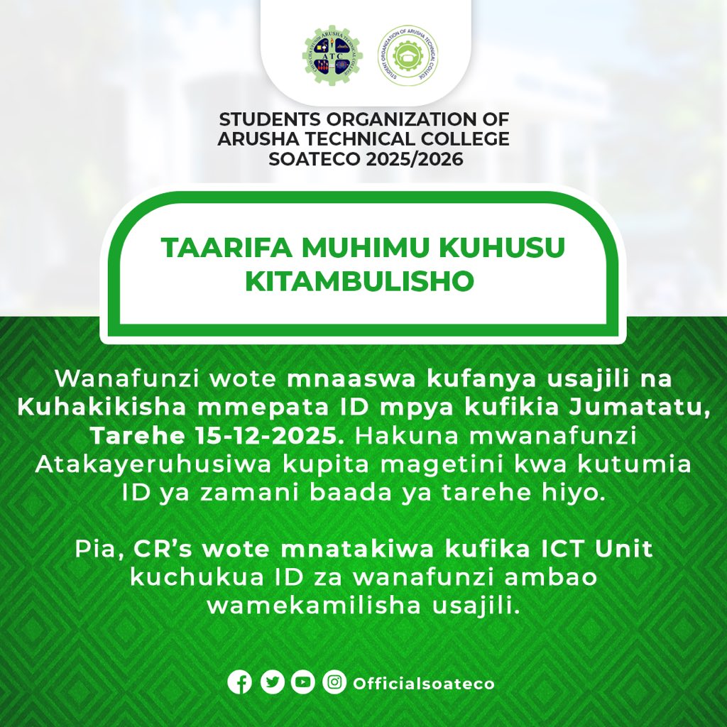 soateco_'s tweet image. 📢TAARIFA MUHIMU KWA WANAFUNZI 📢🚨

Usikose! Hakikisha umefanya usajili na kupata ID yako mpya kabla ya 15/12/2025.
Kuanzia tarehe hiyo ID za zamani hazitaruhusiwa magetini ❌

Kumbuka: Bila ID mpya → Hakuna kuingia!
#SOATECO #Update #StudentID #ICTUnit #MinistryOfInfo