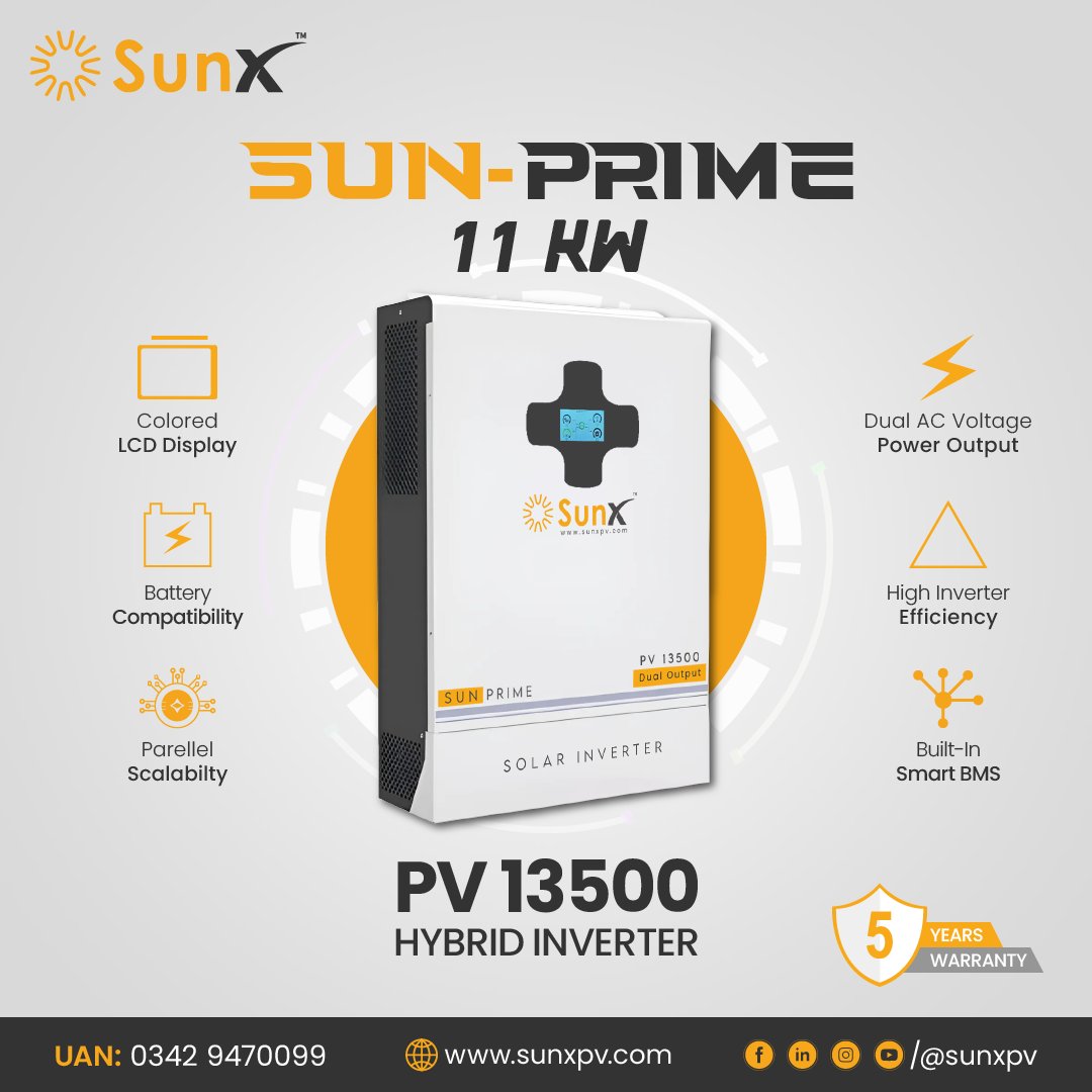 SunXpv's tweet photo. Apne ghar ya business ko de dein be-misal power backup Sun-Prime 11kW Hybrid Inverter ke saath!
Iska Colored LCD Display, Dual AC Voltage Output, aur High Efficiency Performance aapko provide kare reliable. https://t.co/TTvwa5oVcs