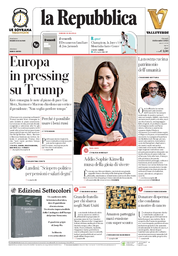 repubblica's tweet photo. La prima pagina di oggi #11december https://t.co/LZaZp2Gm1r 📰 https://t.co/xT367nsyki