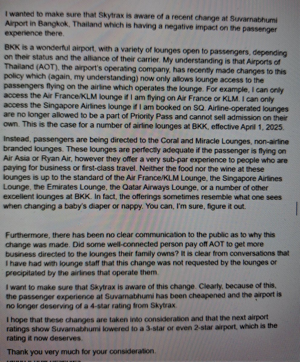 <a href="/AOTthailand/">AOT Official</a> <a href="/AirportsTH/">Airports of Smiles land :)</a> <a href="/PRSuvarnabhumi/">Suvarnabhumi Airport</a> This is the email I just sent to <a href="/skytrax/">Skytrax</a>. I trust it is self-explanatory.