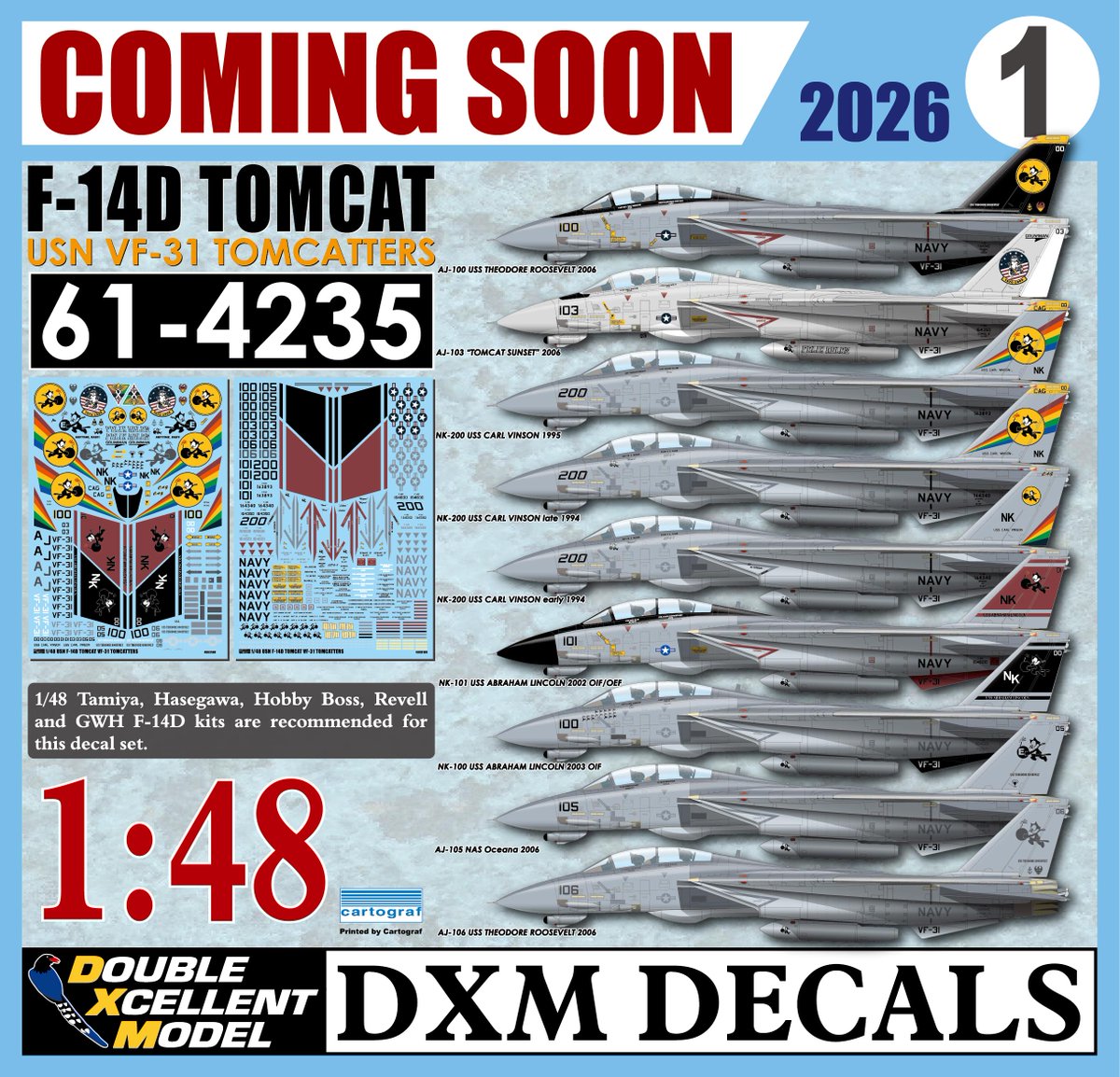 DecalsDxm's tweet photo. [Coming soon]-Jan.,2026
Yes, new item will be released for 48scales F-14D VF-31 Tomcatters lovers. We decided to optimized decals design to re-print this decals set. Will be available 2 weeks later. Thank you.
#F14 #Tomcatters #DXMDecals https://t.co/V9d5eFSxwK