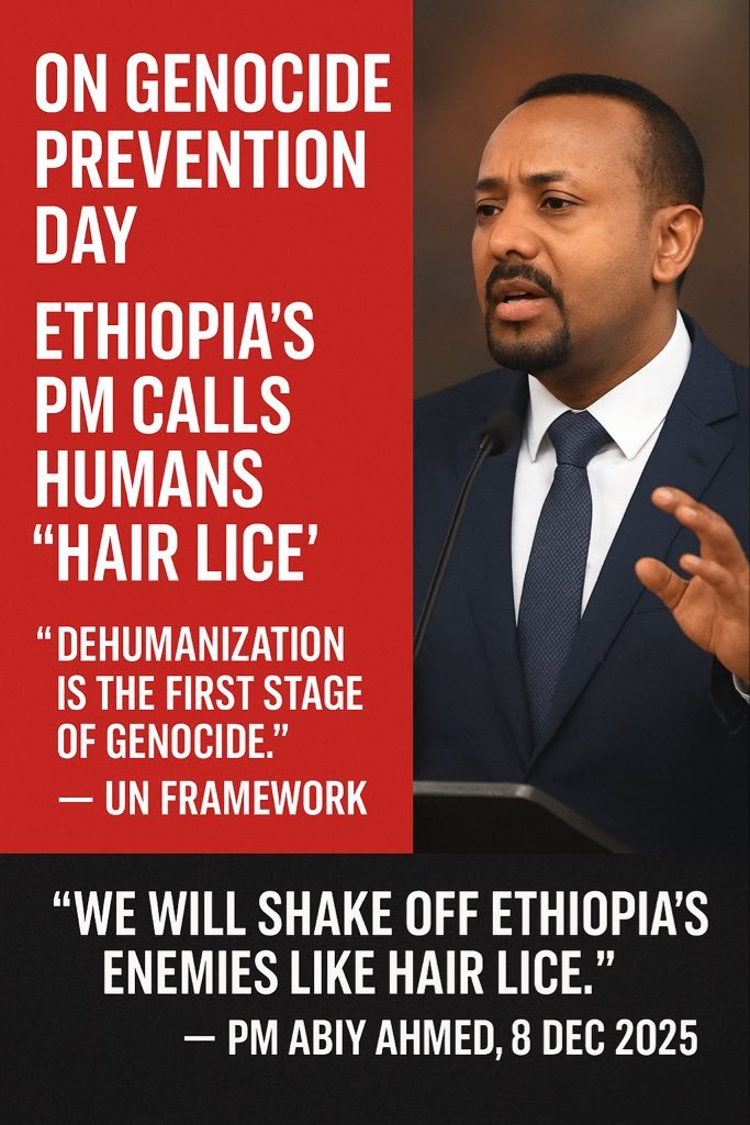 HadguAbel14760's tweet photo. Day 1864 of the #TigrayGenocide:

#Ethiopian Dictator @AbiyAhmedAli has said on national TV:
“We will shake off #Ethiopia’s enemies one by one, like hair lice.” 
This is textbook dehumanization; not politics.

#AbiyMustGo

#Justice4Tigray https://t.co/i1KbafkDgJ