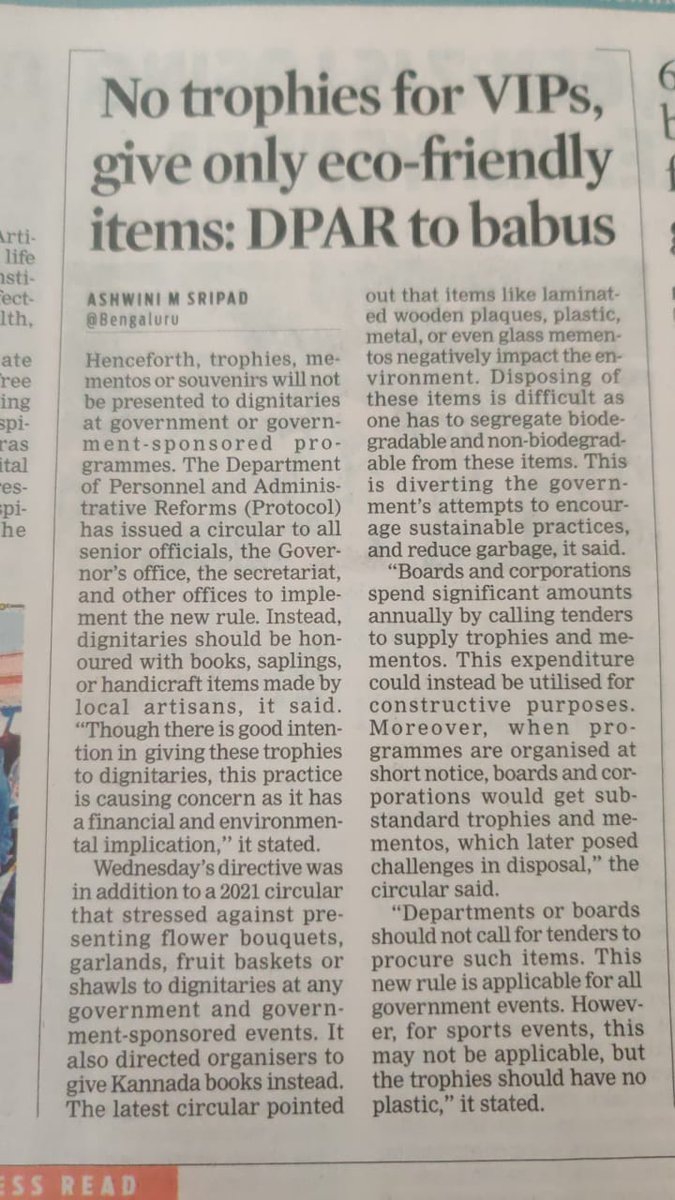 A welcome move. No extra waste generation especially disposables in the name of an event/felicitation.  Quite a few times some of us refused to get felicitated at times. <a href="/TummalaShanthi/">Shanthi Tummala</a> <a href="/IndianPloggers/">Ploggers Army</a> 
Link for the article tinyurl.com/3ejbntwd