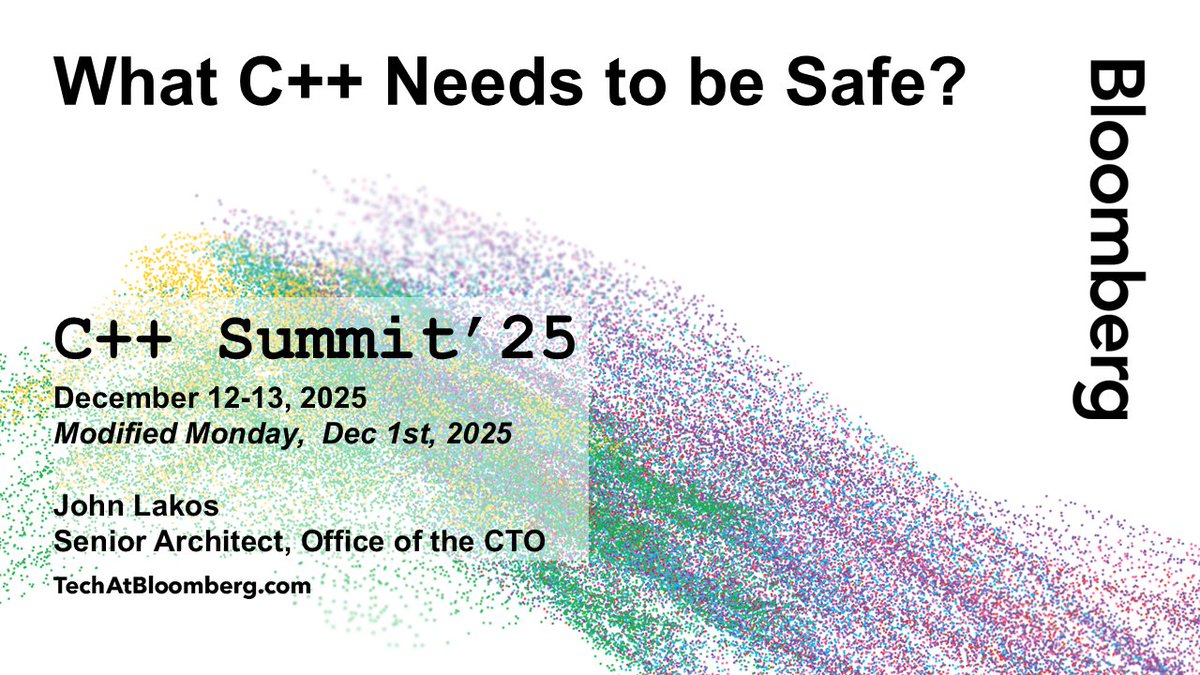 TechAtBloomberg's tweet image. In his C++ and System Software Summit talk in Beijing today (14:20 CST) on how #cplusplus can evolve towards safety-first development, John Lakos explores safety techniques &amp;amp; a roadmap for achieving robust safety guarantees in C++26 &amp;amp; beyond
bloom.bg/48Hiyxo
#cpp26 #cpp