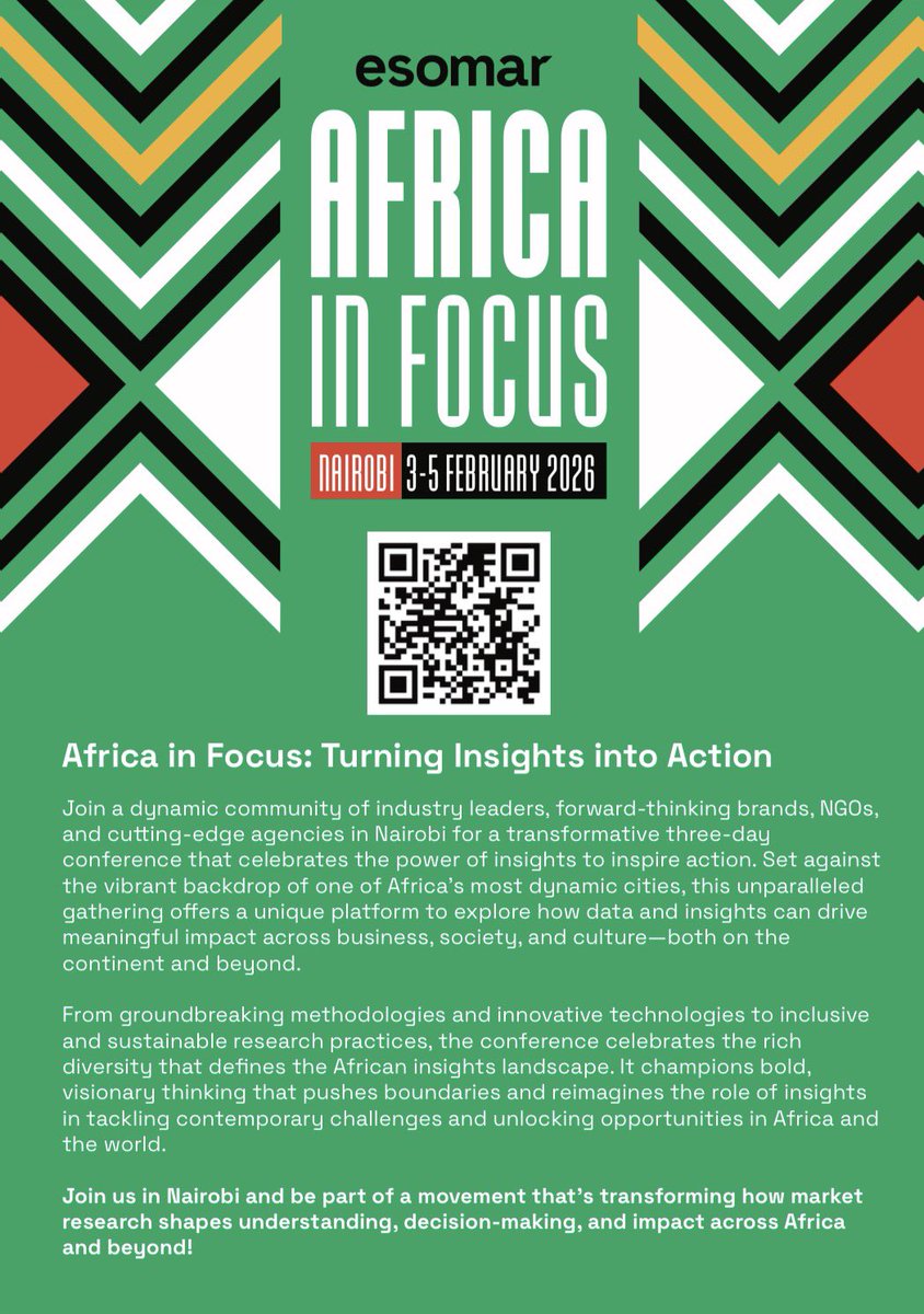 For the very first time, <a href="/ESOMAR/">ESOMAR</a> is bringing its regional conference to Africa &amp; Nairobi is where it all comes to life. Three days. Brilliant minds. Big conversations. And the future of insights, data and research right at our doorstep.

🔗 Register here: shorturl.at/s2laG