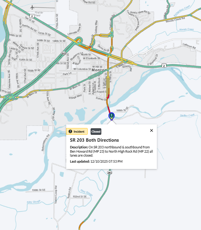 Both directions of SR 203 are closed south of Monroe between Ben