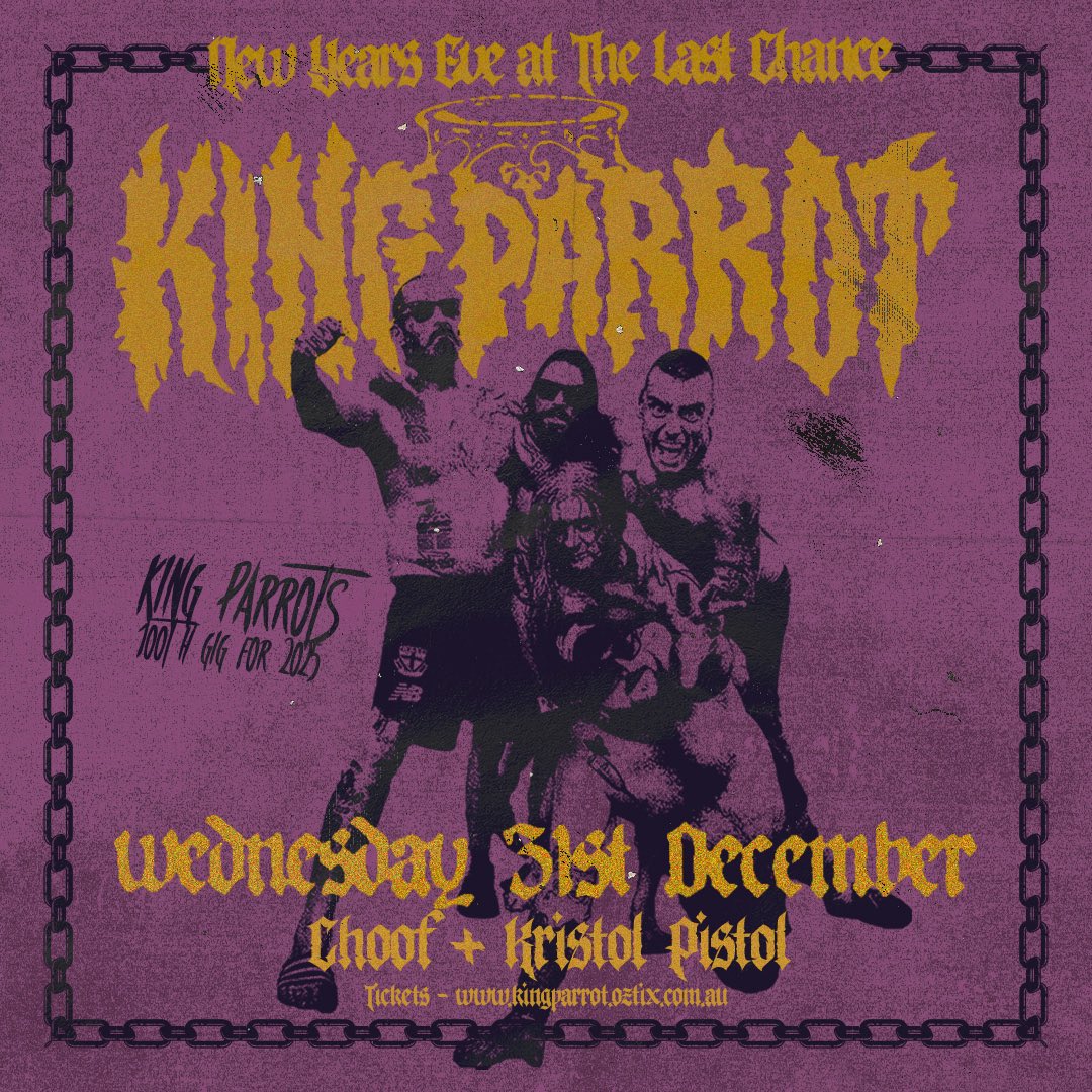 KINGPARROTBAND's tweet photo. ⚡️NEW YEARS EVE ⚡️MELBOURNE! @kingparrotband at @thelastchancerockandrollbar w/- @choofinbastards + @kr1stol_p1sstol 
🎫 @oztix 
👉 Don’t miss the NYE party to end all end NYE eve parties. Now with added special guests Choof and Kristol Pistol, super limited tickets! https://t.co/CYld5ZqpWU