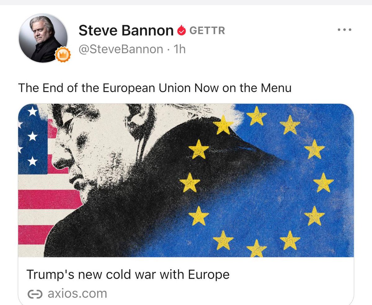 🇺🇸😎⚡️Steve Bannon: Das Ende der Europäischen Union steht jetzt auf der Tagesordnung

😎Von einem Verbündeten zur Tagesordnung, schrecken sie vor nichts zurück? Das ist Amerika💀😏