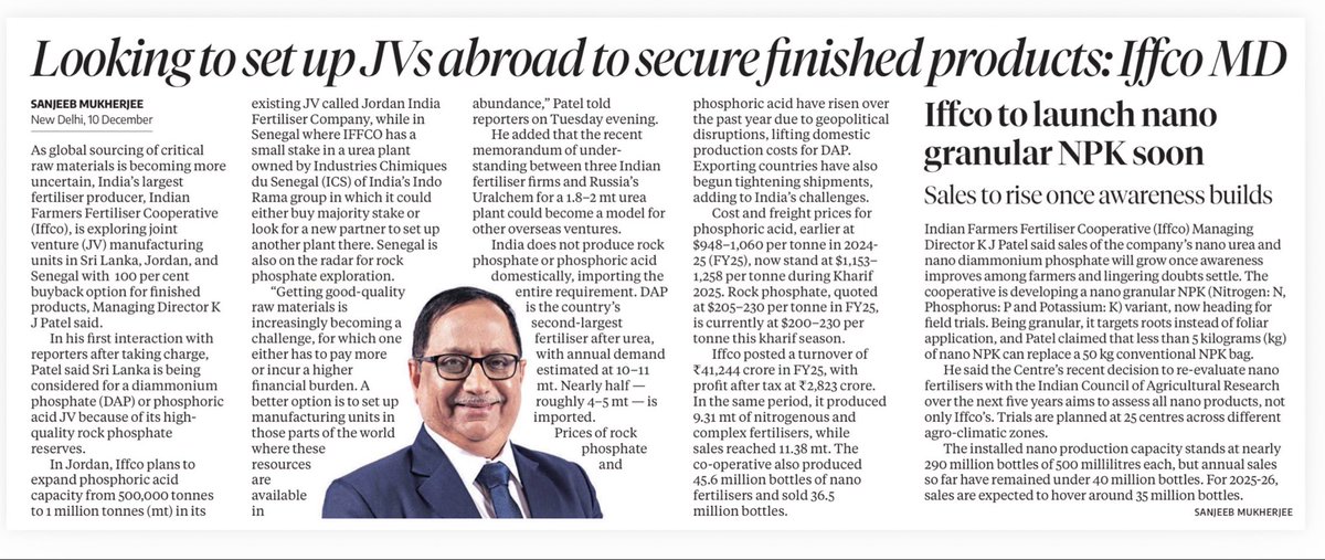 KiritkrJPatel's tweet photo. I had the privilege of meeting Mr. Sanjeeb Mukherjee @sanjeebm77, Senior Journalist and one of the country’s most respected experts on the fertiliser & agriculture sector at @bsindia Business Standard. Our conversation centred on IFFCO’s strategic initiatives to secure a stable and sustainable supply of raw materials both for the cooperative and for the nation. As the world’s largest processed fertiliser cooperative, IFFCO carries the responsibility of providing long-term leadership in ensuring that Indian farmers have access to high-quality soil nutrients at an affordable cost.

I underlined our commitment to strengthening farmers’ viability by reducing input costs, improving soil health, and ensuring consistent availability of essential nutrients. We also discussed the transformative potential of Nano Fertilisers, which are proving highly effective across a range of crops. Educating farmers on the correct and precise application of Nano products will be key to unlocking their full benefits, higher nutrient-use efficiency, improved yields, reduced environmental impact, and significant savings for farmers.

I was pleased to share that IFFCO will soon be launching Nano NPK Granular, an innovation designed to provide farmers with an additional advantage in nutrient management. This product aims to enhance productivity, boost profitability, and support our broader mission of empowering India’s farming community.