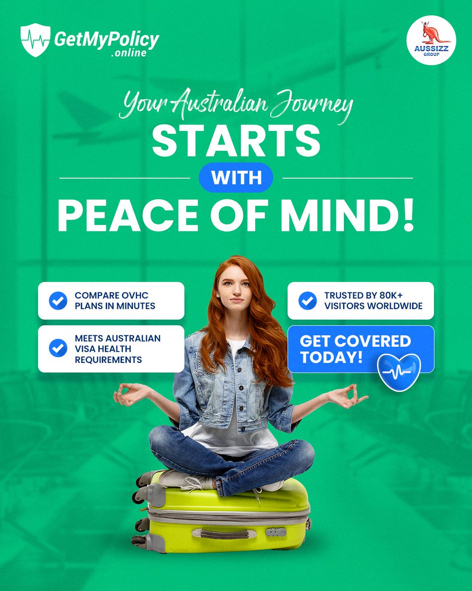 Compare 𝐎𝐕𝐇𝐂 plans in minutes, meet visa health requirements and enjoy a journey backed by trusted coverage.

𝐆𝐞𝐭 𝐐𝐮𝐨𝐭𝐞 : getmypolicy.online/ovhc

#OVHC #AustraliaVisa #HealthCover #GetMyPolicy #TravelWithConfidence #AussizzGroup #AustraliaJourney #PeaceOfMind