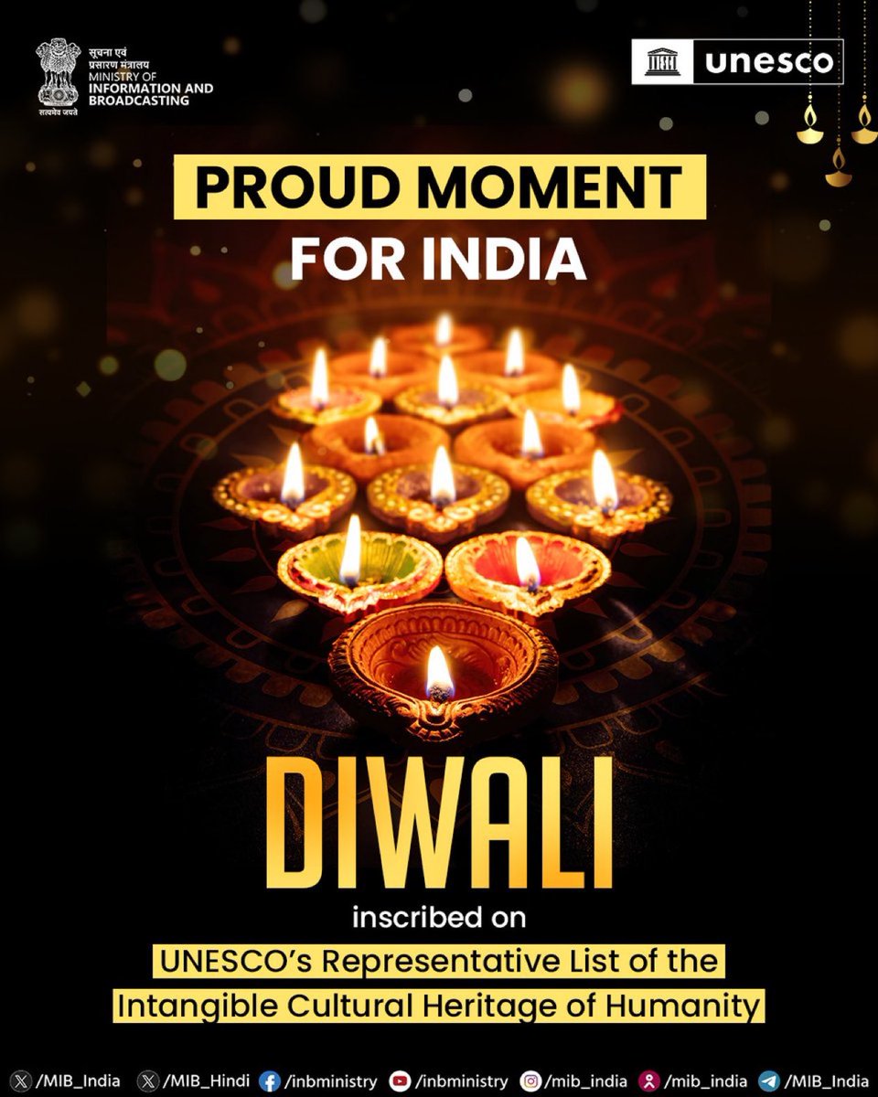 iShankarLalwani's tweet image. BREAKING: Diwali is now officially recognised on UNESCO’s Representative List of the Intangible Cultural Heritage of Humanity! 🪔 ✨

A proud moment for India! 🇮🇳

#UNESCO #Diwali