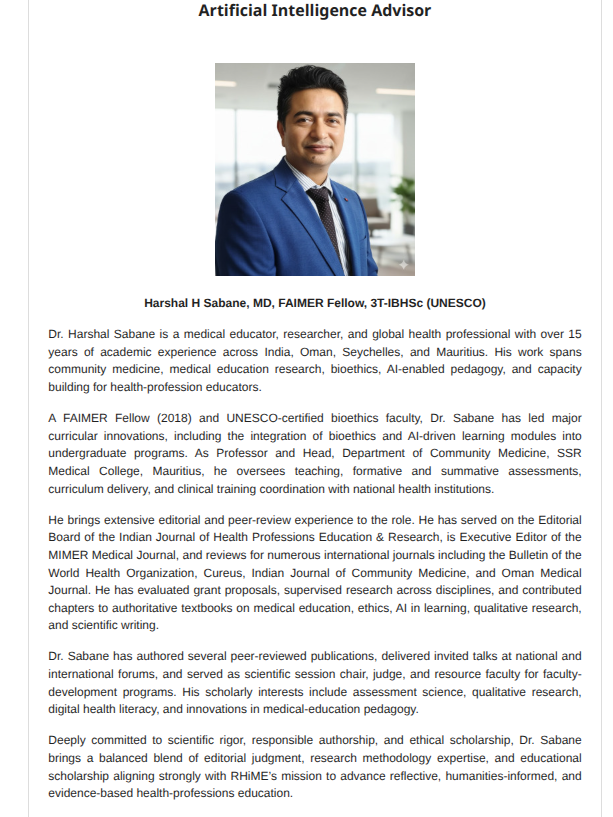 Meet the newest member to join RHiME - Dr <a href="/HarshalSabane/">Dr. Harshal Sabane</a> !

With the influx of AI-generated papers being sent to RHiME, it was a necessary next step to invite an AI expert to join us. Please join us in welcoming Dr Sabane aboard.