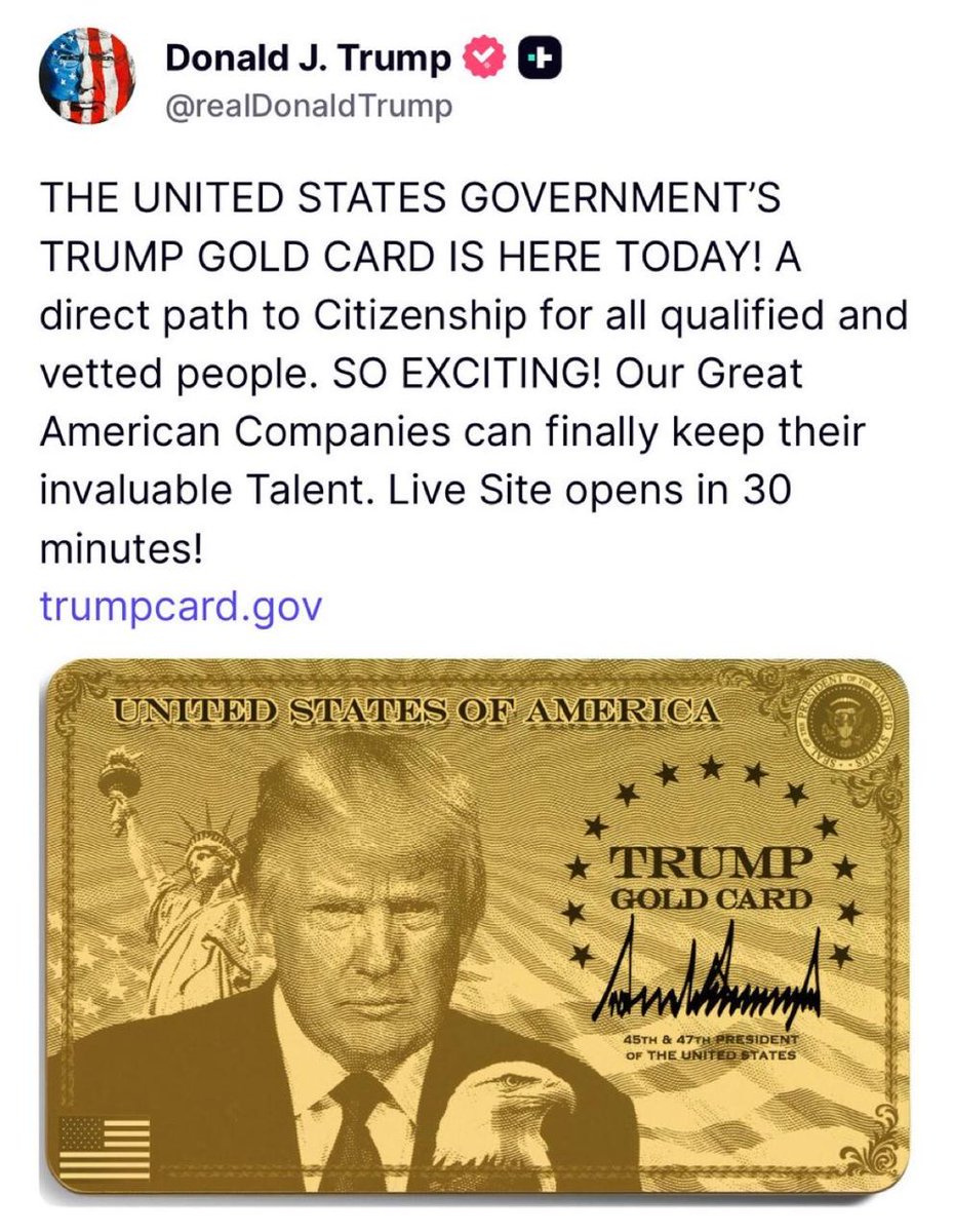🇺🇸 #Trump kündigte an, dass die „#TrumpGoldCard“ bereits heute verfügbar ist: „Ein direkter Weg zur Staatsbürgerschaft für alle qualifizierten und überprüften Personen“.

 Trump stellte offiziell die „Trump Gold Card“ und die „#TrumpPlatinumCard“ vor, die Folgendes beinhalten: