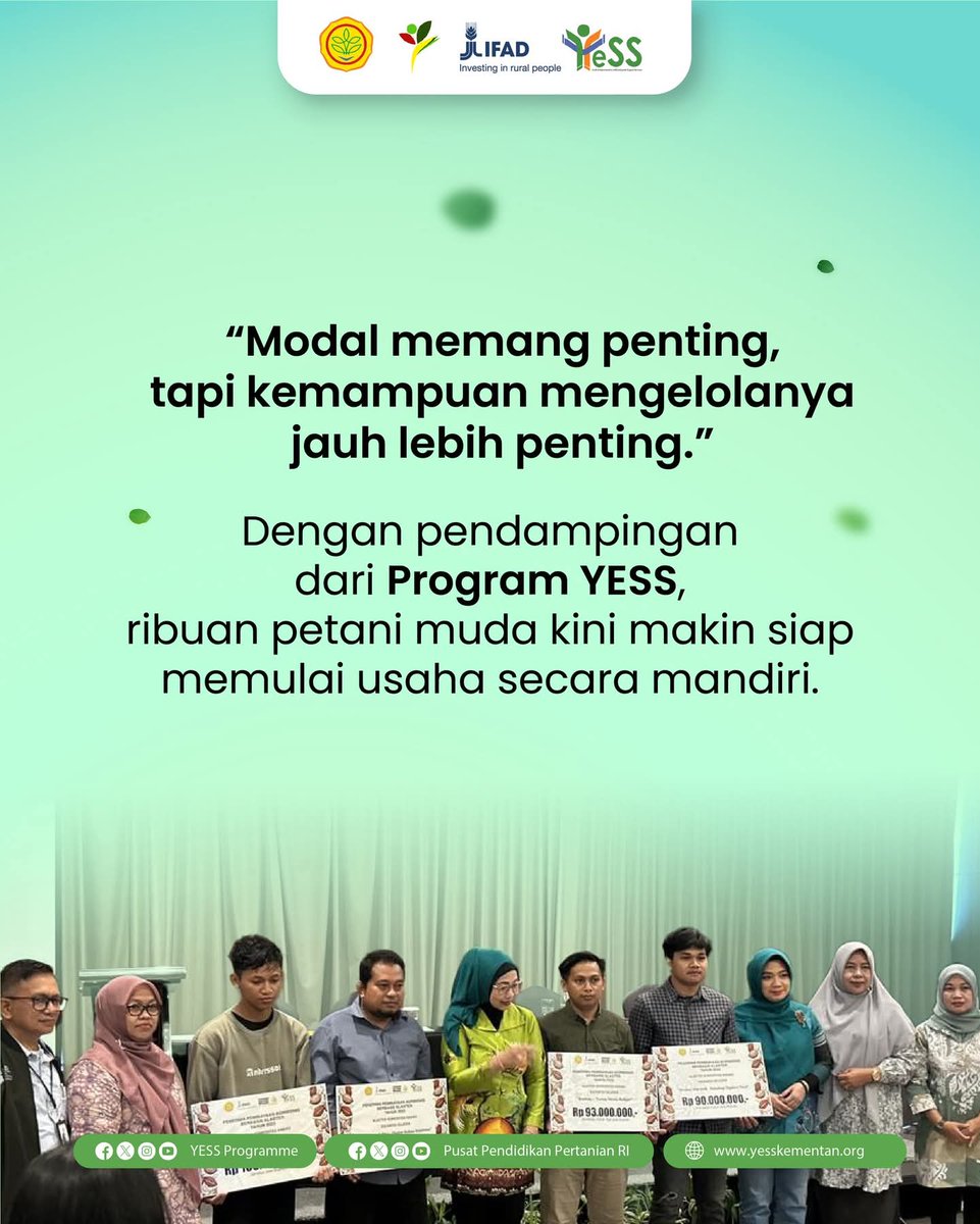 yessprogramme's tweet photo. Program YESS terus membuka jalan bagi petani muda untuk memulai usaha dengan lebih percaya diri melalui pendampingan akses Kredit Usaha Rakyat (KUR).

#YESSProgramme #Pusdiktan #BPPSDMP #Kementan #Ifad #PetaniMudaYESS https://t.co/PrFRySZ8ou
