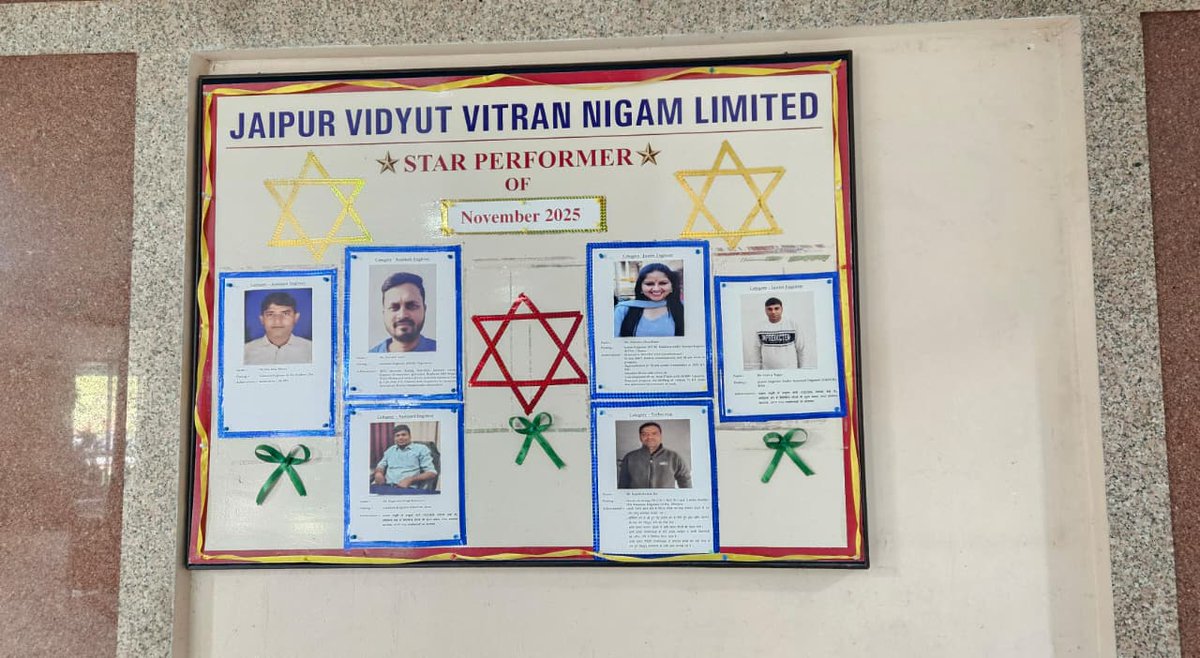‘Star Performer of November 2025’ को बधाई। 

श्री सौरभ जोशी सहायक अभियंता (टपूकड़ा, भिवाड़ी सर्किल), श्री नागेंद्र सिंह कर्णावत सहायक अभियंता (कोटा सर्किल), श्री सीताराम मीणा सहायक अभियंता (हिंडौन सिटी, करौली सर्किल), मनीषा चौधरी जी कनिष्ठ अभियंता (कालाडेरा, JPDC-North), श्री