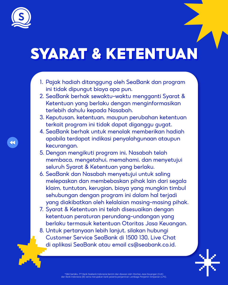 SeaBankID's tweet photo. HADIAH AKHIR TAHUN! MENANGKAN NOKIA C12 ATAU JAM TANGAN CASIO🎁

Siapa yang kangen handphone dan jam tangan legendaris? Sekarang Sobat SeaBank bisa punya NOKIA C12 dan JAM TANGAN CASIO dengan IKUTAN GIVEAWAY SEABANK! Jangan lupa ikuti syarat dan ketentuan di bawah ya!

1. Periode program berlaku pada 1 December - 31 December 2025
2. Ketentuan untuk mendapatkan hadiah Giveaway:
a.Peserta wajib memiliki rekening dan merupakan nasabah aktif SeaBank
b. FOLLOW Facebook Page SeaBank ID dan FOLLOW Twitter @SeaBankID, lalu LIKE post ini.
c. KOMEN “SeaBank”, sertakan username IG, FB, TikTok & Twitter
3. Pastikan untuk TIDAK melakukan SPAM komen
4. Diperbolehkan komen dengan akun lain untuk memperbesar kesempatan menang
5. umlah 2 PEMENANG akan dipilih secara acak untuk mendapatkan hadiah Jam Tangan Casio dan Nokia C12
6. Pengumuman pemenang akan dilakukan pada 7 Januari 2026 di Facebook Page SeaBank Indonesia
7. Keputusan SeaBank tidak dapat diganggu gugat

PT Bank Seabank Indonesia berizin dan diawasi oleh Otoritas Jasa Keuangan (OJK) dan Bank Indonesia (BI) serta merupakan bank peserta penjaminan Lembaga Penjamin Simpanan (LPS).