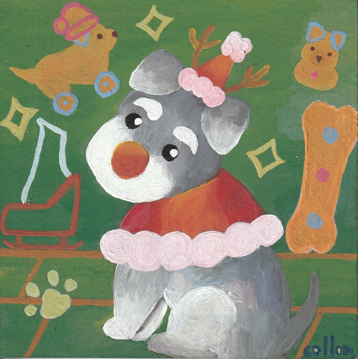 12月11日の焙煎はキリマンジャロ、グァテマラ、マチュピチュそしてマンデリンの４種類でした。今度の土曜日の午前10時から開かれる通称パチクリ（八日町ぱちぱちクリスマス・マーケット）で販売する珈琲豆を焼いていました。明日は残りのモカを焙煎。
パチクリではシュナウザーのアクリル画も登場。