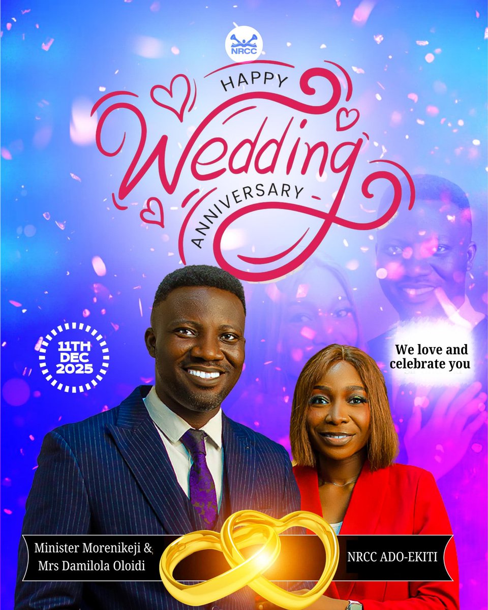 Happy Anniversary to Minister Morenikeji &amp; Mrs. Damilola Oloidi! 
Your union reflects strength, wisdom, and the beauty of God’s faithfulness.
We love, honour, and celebrate you today.
More wine, promotion and Angelic Assistance in this season.
