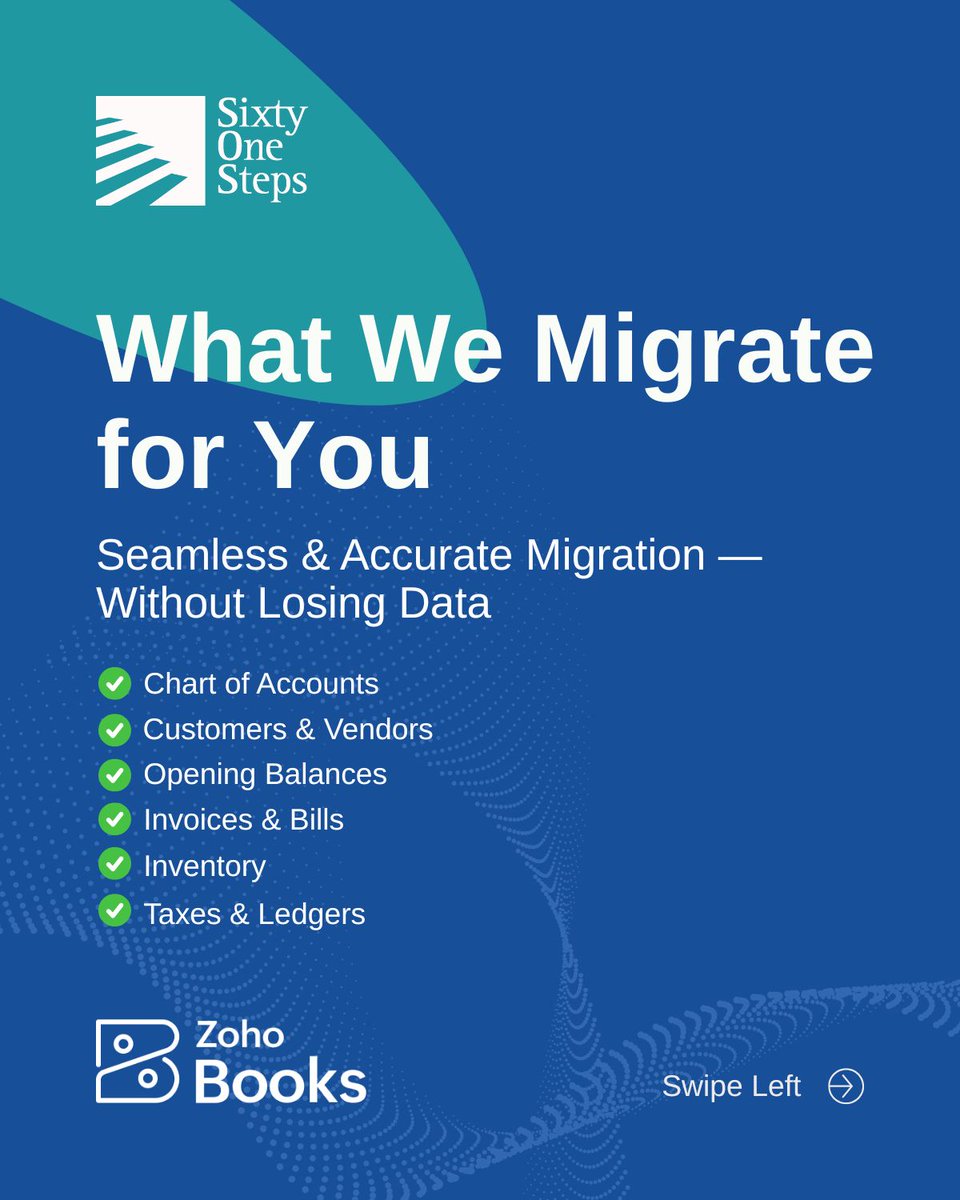 Sixty_One_Steps's tweet photo. Why Zoho Books?

✓ Cloud-based access
✓ Automated bank feeds
✓ Real-time dashboards
✓ GST-compliant
✓ Saves 10-20 hrs/month

Ready to modernise? Let's talk.

DM for a free consultation

https://t.co/WveLXGrRqt 

#ZohoBooks #TallyMigration #CloudAccounting https://t.co/yEIOoT2a4o