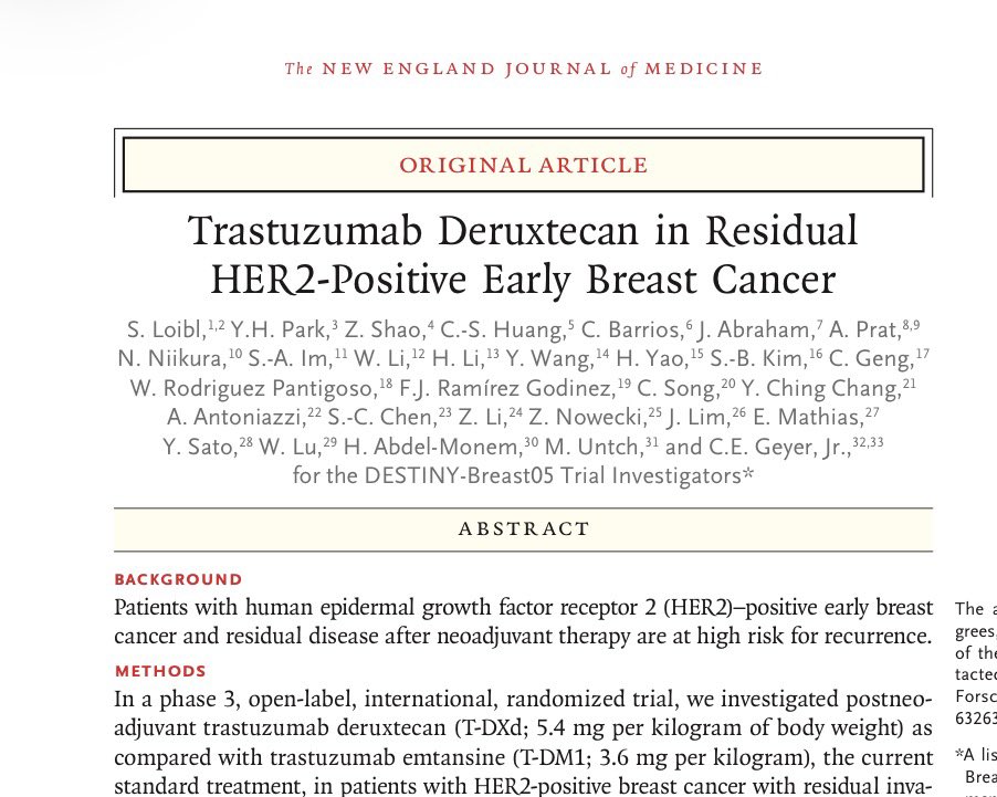 Dr_ElvinaA's tweet photo. DESTINY-Breast05 results published in NEJM!
T-DXd significantly improves 3-year IDFS (92.4% vs 83.7%; HR 0.47) and reduces distant recurrences (5.1% vs 9.9%) over T-DM1 in high-risk residual HER2+ early breast.

❗️But ILD remains a major concern (9.6%, incl. 2 deaths) and OS data are still immature. 
Practice-changing, yes—yet we must be very careful in patient selection and monitoring.

#BreastCancer #HER2 #SABCS2025 @Larvol @NEJM @brunolarvol @OncoAlert @MedicalwatchHQ @OncLive
