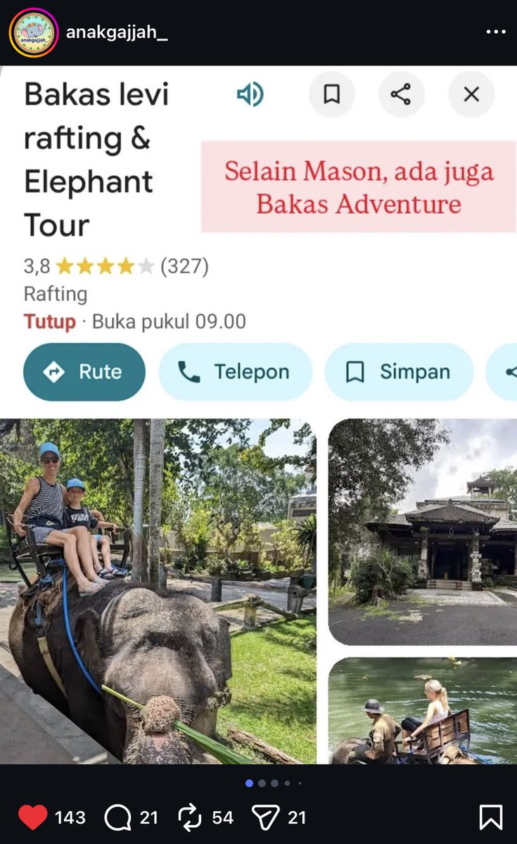 <a href="/tanyarlfes/">Tanyarlfes</a> Tolong bantu ramaikan guys, bisa kalian liat sendiri review digoogle maps,
Ini ada beberapa ulasan dari tourist disana yang melihat sendiri penyiksaan terhadap gajah2 disana bahkan gajah kecil juga disayat kulitnya buat dibius ditunggangi juga 😢💔 @kemenhut <a href="/balaiksda_bali/">BKSDA_BALI</a>
