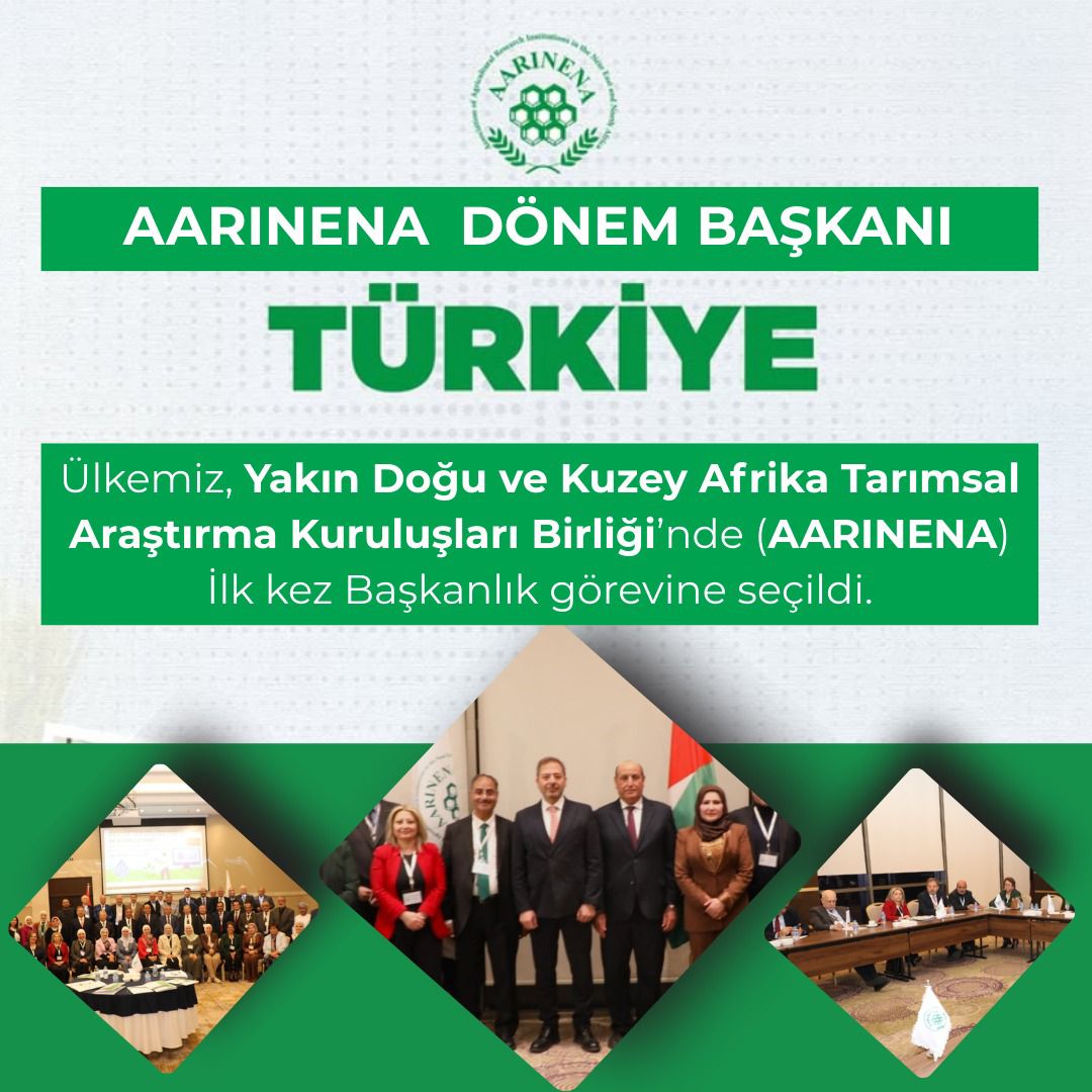 Yakın Doğu ve Kuzey Afrika Tarımsal Araştırma Kuruluşları Birligi'nde (AARINENA) Ülkemiz ilk kez başkanlık görevi alırken, Ülkemiz adına Genel Müdürümüz Sayın Dr.M.Altuğ  ATALAY başkan olarak seçildi.
<a href="/tagemgovtr/">Tarımsal Araştırmalar ve Politikalar Genel Md.</a> <a href="/aarinena/">AARINENA</a>