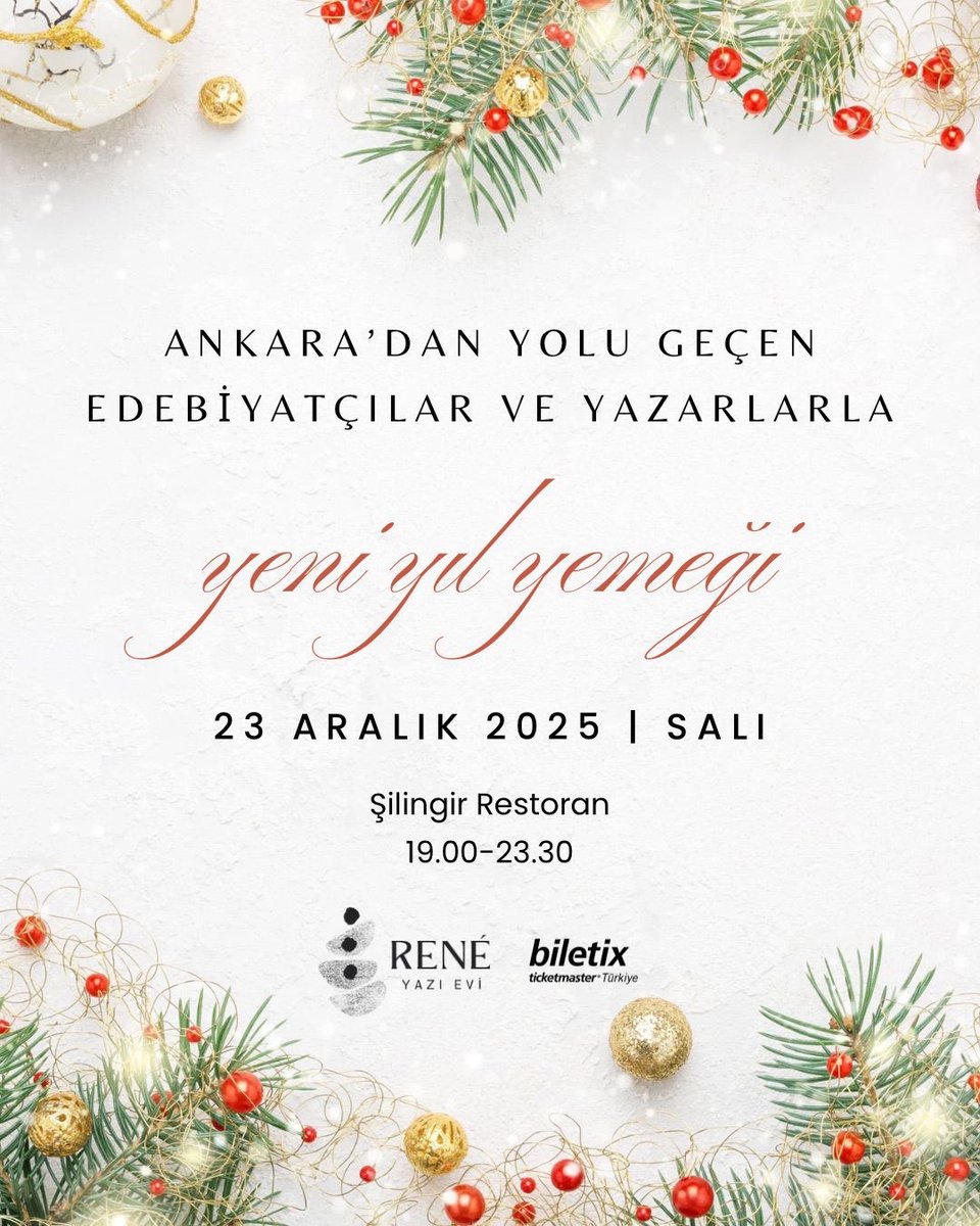 “Ankara’dan Yolu Geçen Edebiyatçılar ve Yazarlarla Yeni Yıl Yemeği” 23 Aralık 2025 Salı günü <a href="/ReneYaziEvi/">René Yazı Evi</a> 

edebiyathaber.net/ankaradan-yolu…