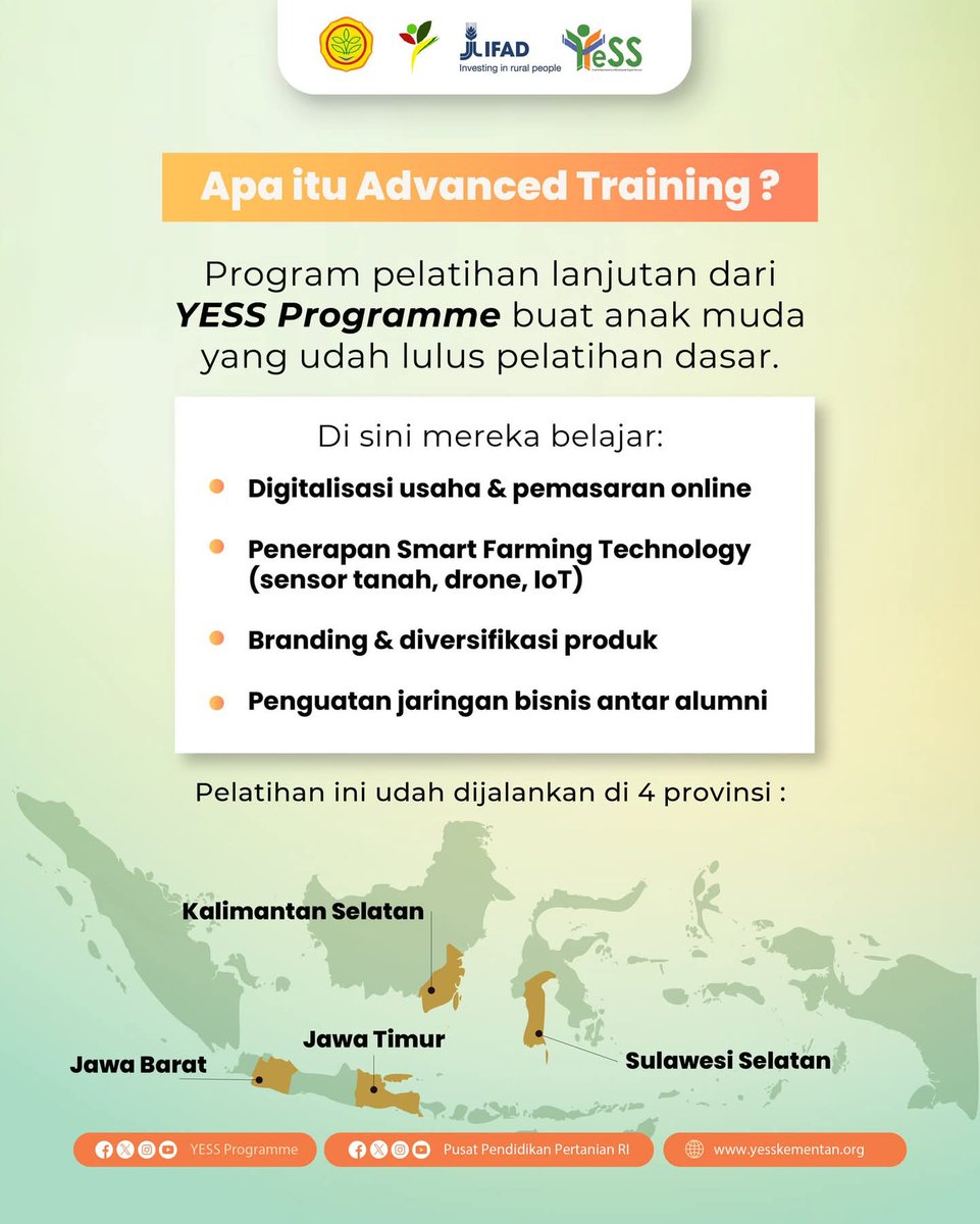 yessprogramme's tweet photo. Dari ide kecil menjadi inovasi besar,itulah semangat yang dibawa dalam Advanced Training. Peserta diajak memahami bagaimana teknologi, data, dan kreativitas bisa mengubah cara bertani menjadi lebih efisien, berkelanjutan, dan menguntungkan.

#YESSProgramme #Pusdiktan #BPPSDMP https://t.co/3Bg5wiieVL