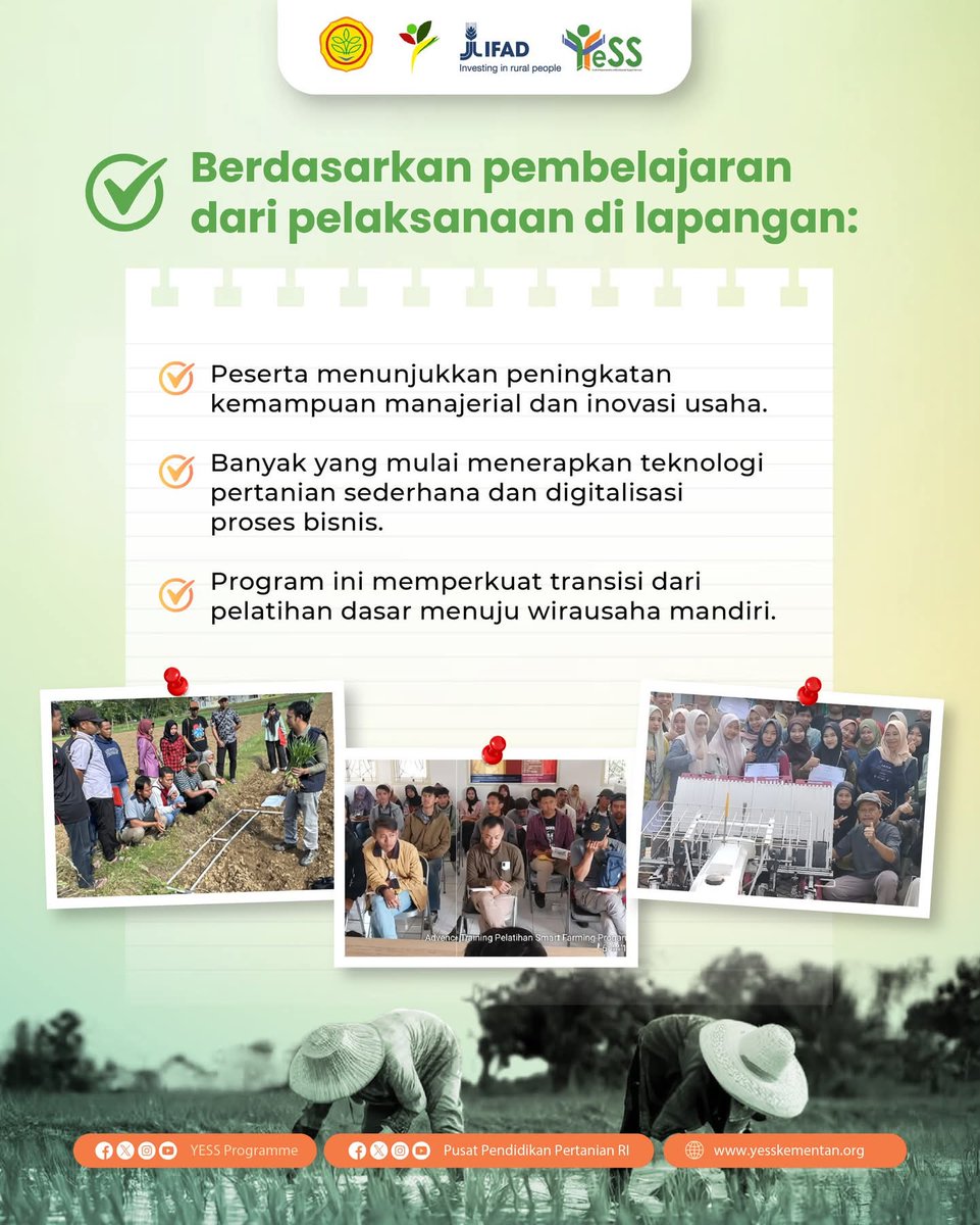 yessprogramme's tweet photo. Dari ide kecil menjadi inovasi besar,itulah semangat yang dibawa dalam Advanced Training. Peserta diajak memahami bagaimana teknologi, data, dan kreativitas bisa mengubah cara bertani menjadi lebih efisien, berkelanjutan, dan menguntungkan.

#YESSProgramme #Pusdiktan #BPPSDMP https://t.co/3Bg5wiieVL