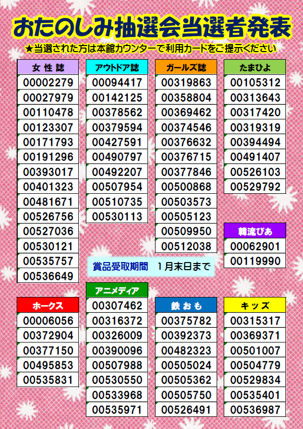 本館】 雑誌ふろくが当たるお楽しみ抽選会当選者発表！ 797の応募の中