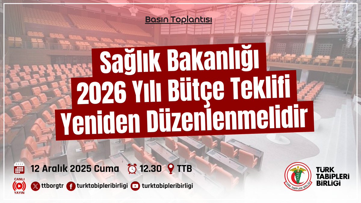 📢 Basın Toplantısı

Sağlık Bakanlığı 2026 Yılı Bütçe Teklifi Yeniden Düzenlenmelidir

🗓 12 Aralık 2025 Cuma
⏰ 12.30
📍 TTB
📽 TTB Sosyal Medya Kanallarından Canlı