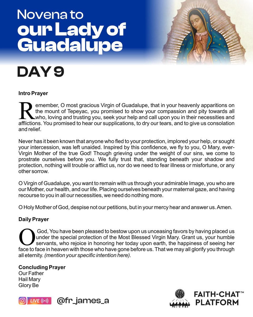 frjamesa's tweet photo. In the name of the Father, and of the Son, and of the Holy Spirit.
Amen.

O God, You have been pleased to bestow upon us unceasing favors by having placed us under the special protection of the Most Blessed Virgin Mary. Grant us, your humble servants, who rejoice in honoring her today upon earth, the happiness of seeing her face to face in heaven with those who have gone before us. That we may all glorify you through all eternity. (Mention your intention here).

Our Father, Hail Mary, Glory be.

In the name of the Father, and of the Son, and of the Holy Spirit.
Amen.