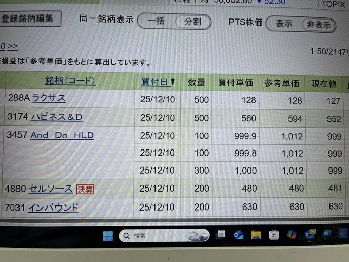 HarakrishnaV's tweet photo. 平均株価とTOPIXは史上最高値圏にある一方で、個別銘柄には上場来安値をつけるものもありますね📉  
10日には、ラクサス、ハピネス・アンド・ディ、セルソース、インバウンドが上場来安値、And Doは年初来安値をつけたため、これらを購入しました。  

ハピネス・アンド・ディとAnd Doについては、ナンピン買いを実行✨  
相場全体の高値の中で、割安な銘柄を拾い、数年後の上昇につなげたいと考えています😊  

安い時にしっかり買い増し、将来の成長に期待しましょう🚀
