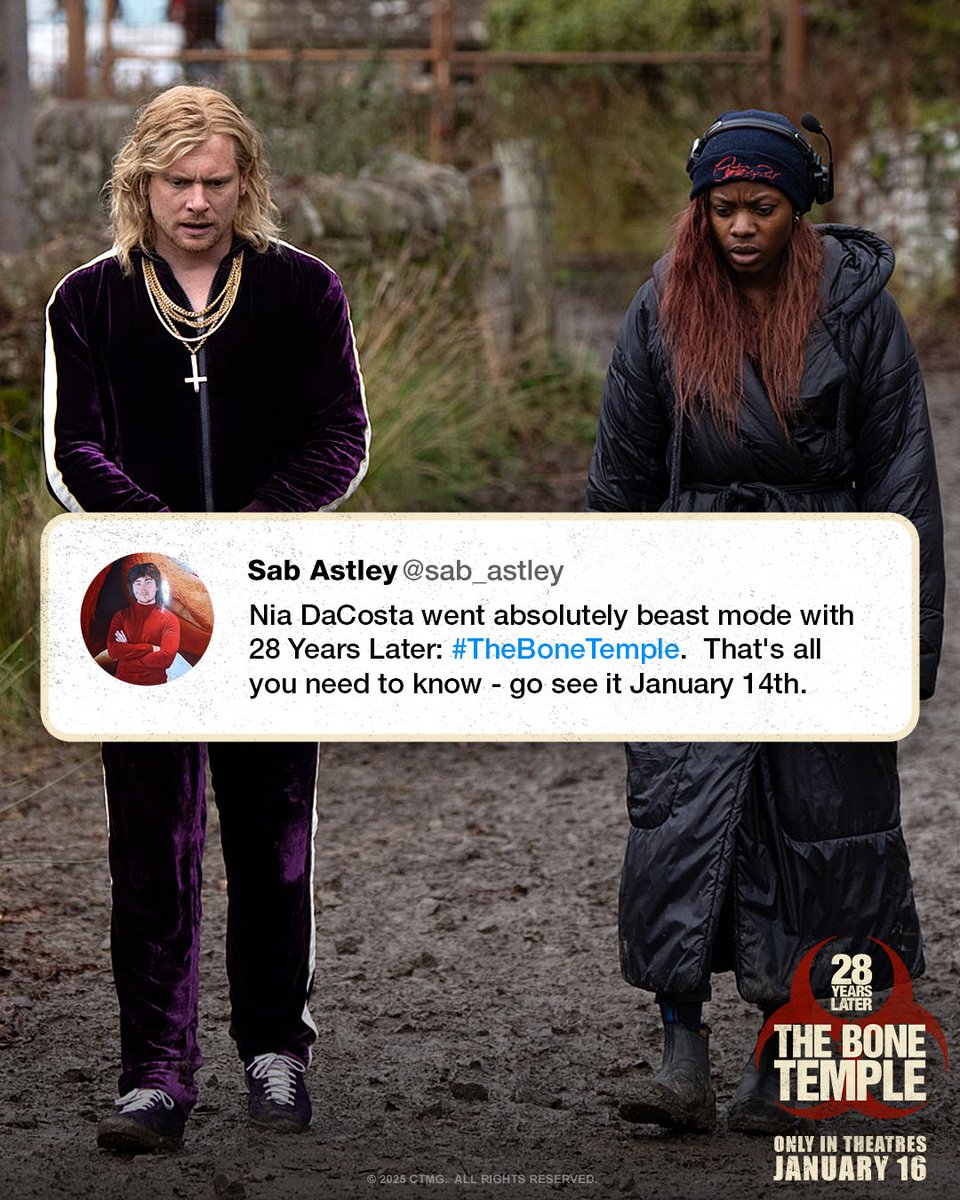 28YearsLaterMov's tweet image. “Nia DaCosta went absolutely beast mode…”

First audience reactions to #28YearsLater: The Bone Temple - exclusively in theatres 1.16.26.