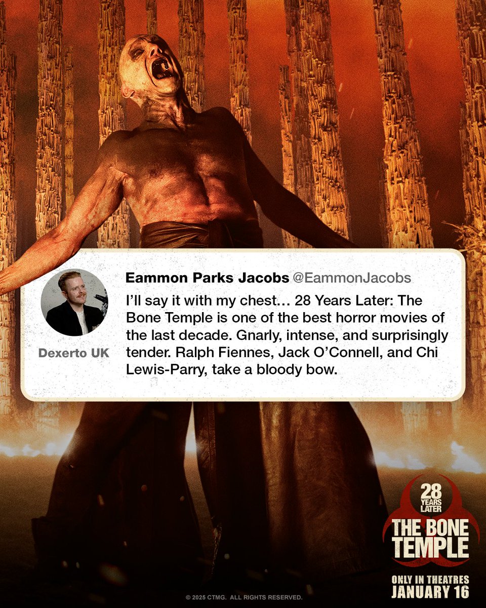 28YearsLaterMov's tweet image. “Nia DaCosta went absolutely beast mode…”

First audience reactions to #28YearsLater: The Bone Temple - exclusively in theatres 1.16.26.