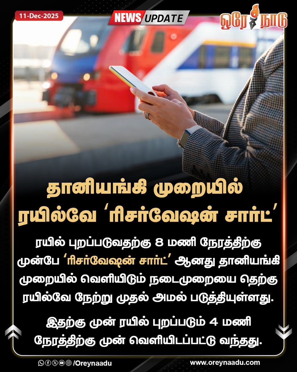 oreynaadunews's tweet image. ரயில் புறப்படுவதற்கு 8 மணி நேரத்திற்கு முன்பே ‘ரிசர்வேஷன் சார்ட்’ ஆனது தானியங்கி முறையில் வெளியிடும் நடைமுறையை தெற்கு ரயில்வே நேற்று முதல் அமல் படுத்தியுள்ளது.

#Railway | #ReservationChart | #Ticket | #Oreynaadu