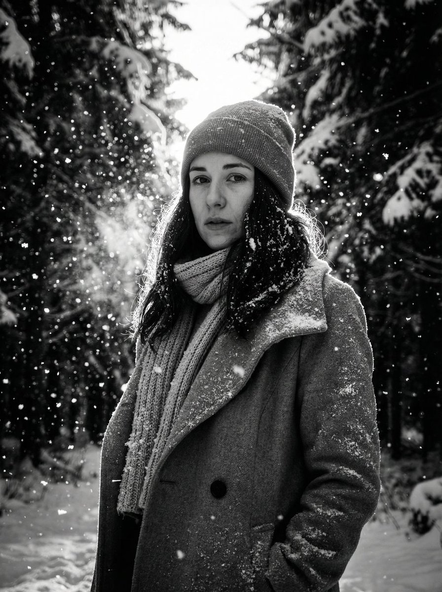 Winter Forest Portrait with Dramatic Backlight — example 2