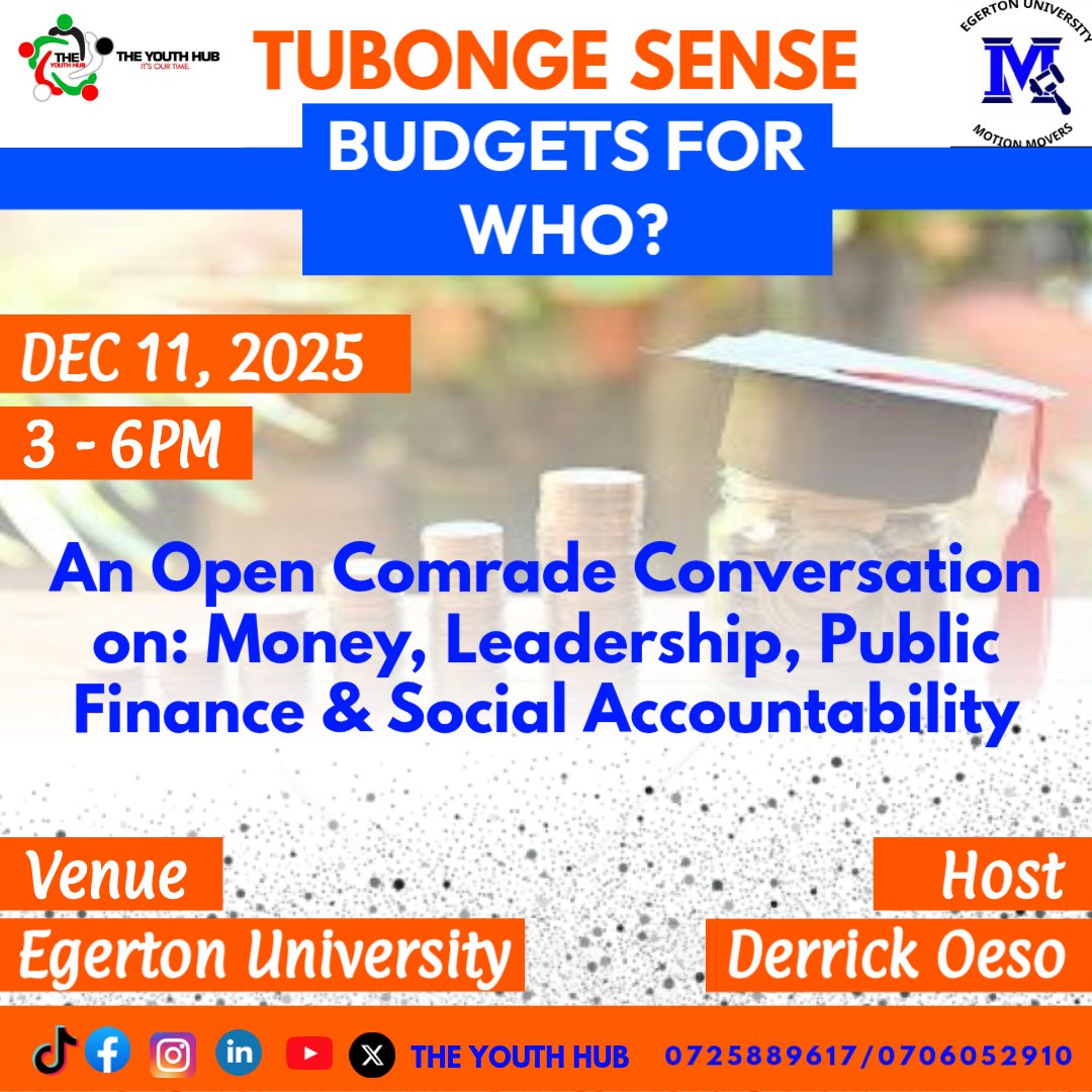 TheYouthHubKe's tweet photo. we'll be in Egerton University today for our #TubongeSense session on our #BudgetsForWho? series focusing Public Finance, Leadership & Social Accountability
the session is organized by Egerton Uni's Motion Movers https://t.co/UreJrYLnEn