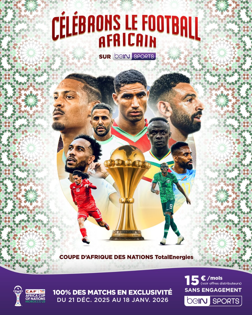 ⌛️ J-🔟 ! 🔥🔥
🏆🌍 Dès le 21 décembre vivez la CAN 2025 direct et en exclusivité sur beIN SPORTS avec 100% des matchs !

#Football #Foot #CAN #CAN2025
