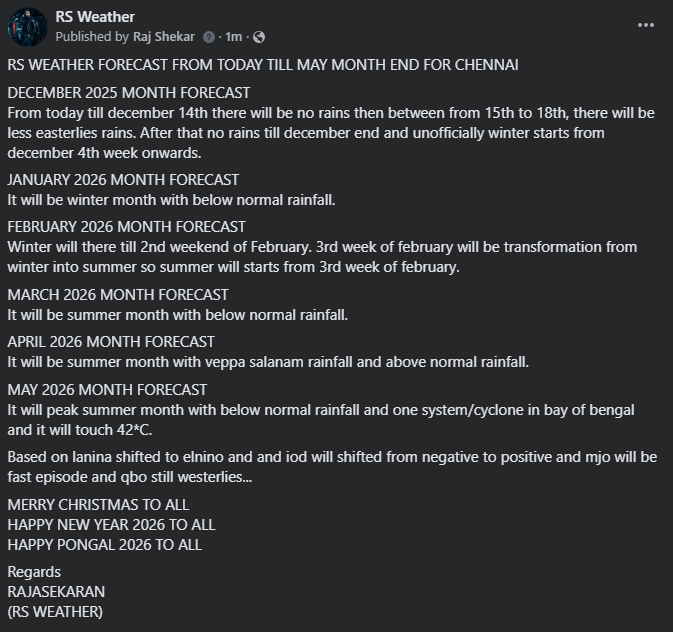 rs_weather's tweet photo. RS LONG RANGE FORECAST FOR CHENNAI FROM TODAY TILL MAY MONTH END

#ChennaiRains #winter2026 #summer2026 https://t.co/AbbE0MumH0