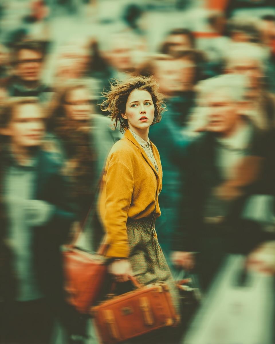 Taaruk_'s tweet image. Nano Banana pro on Gemini app.
Prompt:{
  &quot;Objective&quot;: &quot;Create a cinematic, emotionally charged portrait of a young woman standing still in the middle of a fast-moving crowd.&quot;,

  &quot;Subject&quot;: {
    &quot;Gender&quot;: &quot;Female&quot;,
    &quot;Appearance&quot;: {
      &quot;Hair&quot;: &quot;Short, windswept hair&quot;,…