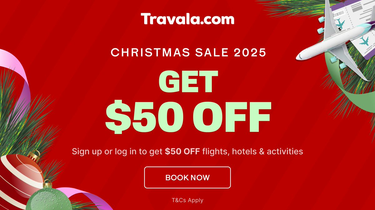🎄CHRISTMAS SALE IS LIVE!🎄

Your holiday gift has arrived! 🎁
Get $50 OFF flights, hotels &amp; activities right now!

It's simple: 
Sign up or log in to your Travala account via the link below &amp; the discount is yours: bit.ly/3KFUx1i

Book your next trip ✈️